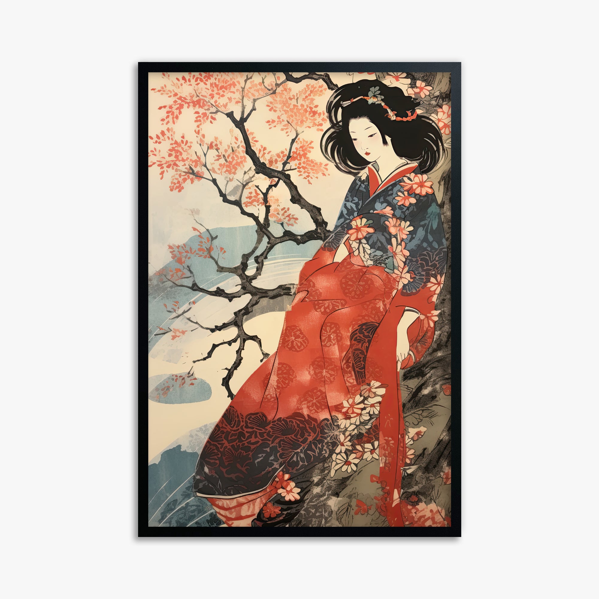 Cherry Blossom Serenity, 61x91cm Framed Poster With Black Frame