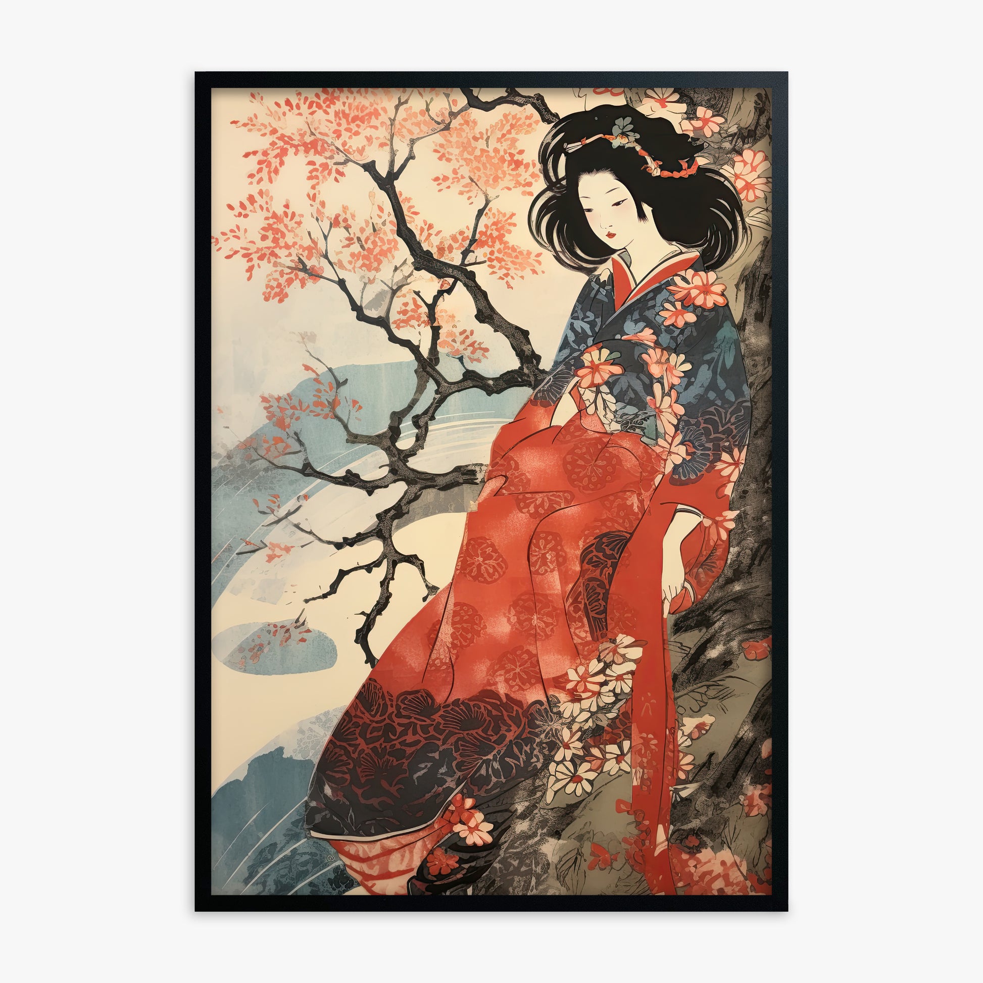 Cherry Blossom Serenity, Black Framed Poster With Black Frame