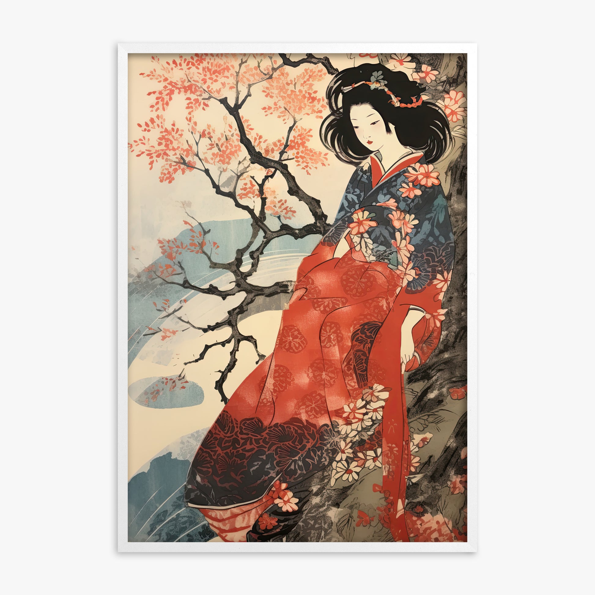 Cherry Blossom Serenity, White Framed Poster With White Frame