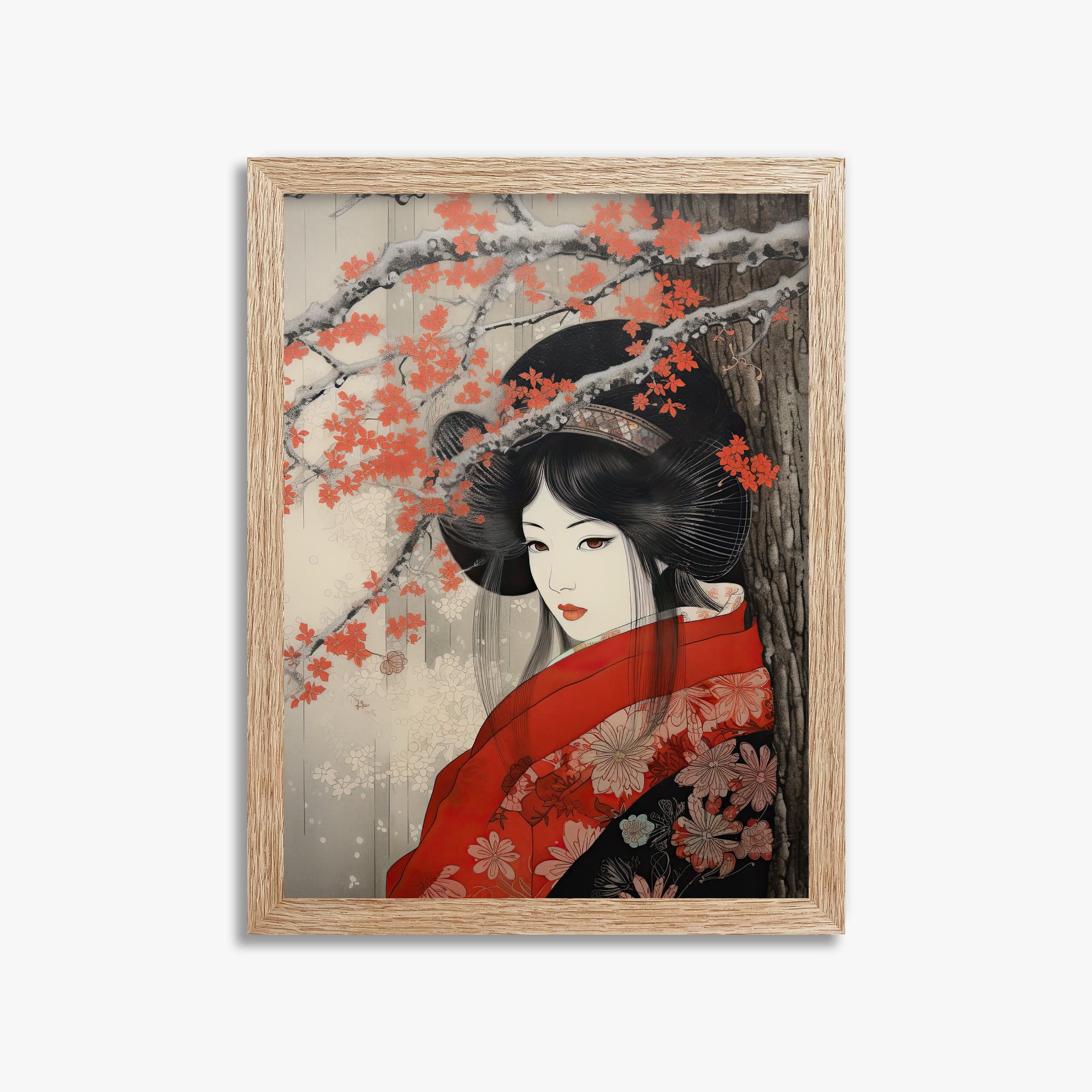 Blossom Geisha Elegance, 30x40cm Framed Poster With Raw Oak Frame