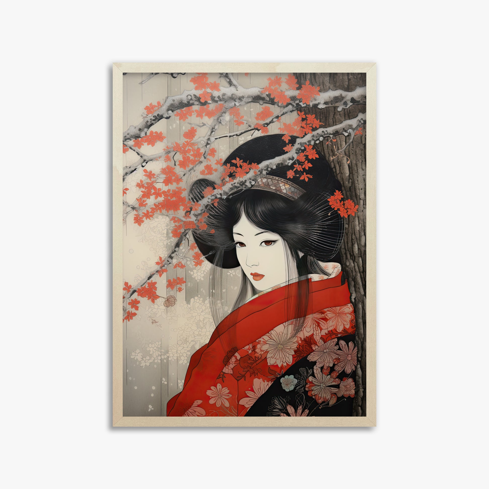 Blossom Geisha Elegance, 50x70cm Framed Poster With Lime Wood Frame
