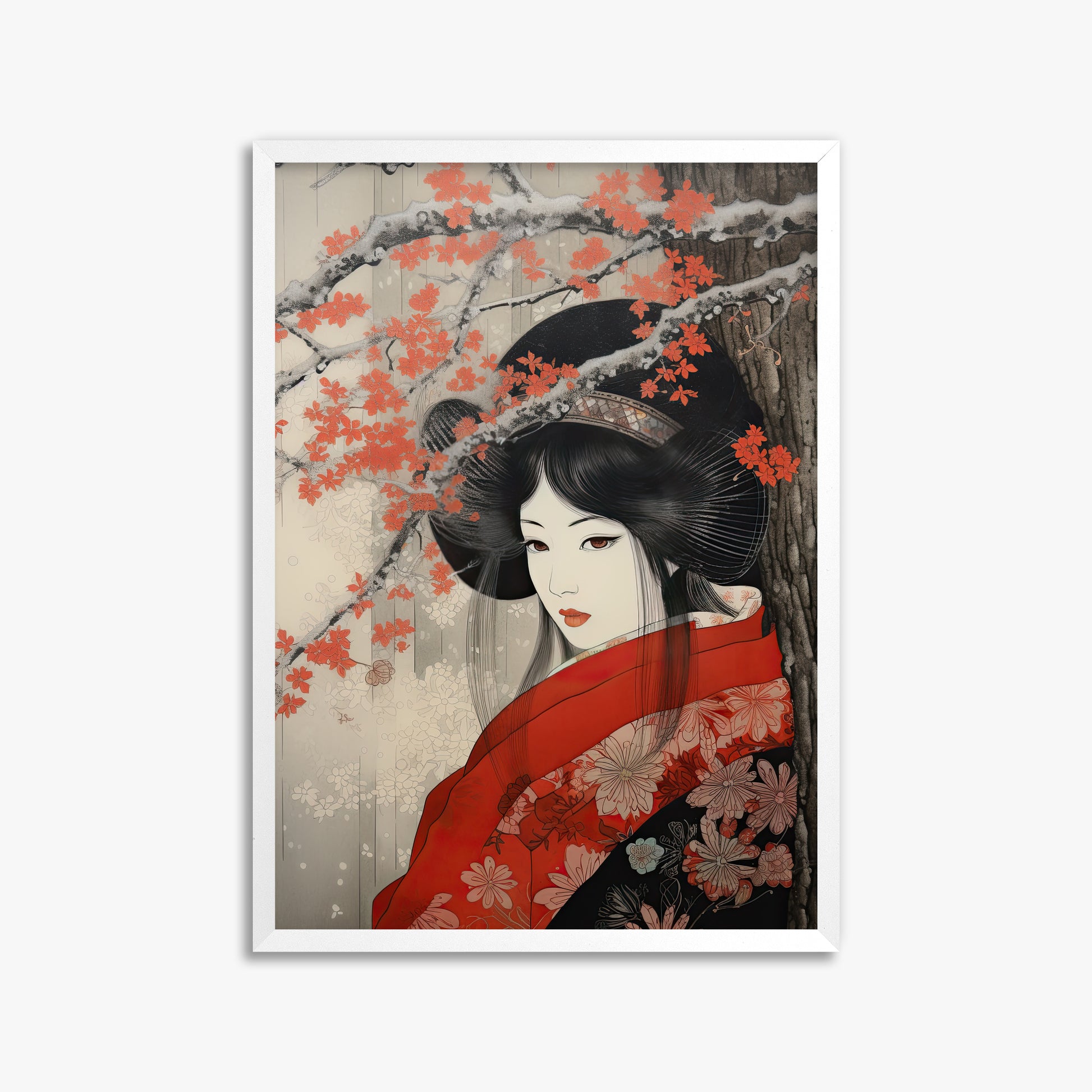 Blossom Geisha Elegance, 50x70cm Framed Poster With White Frame