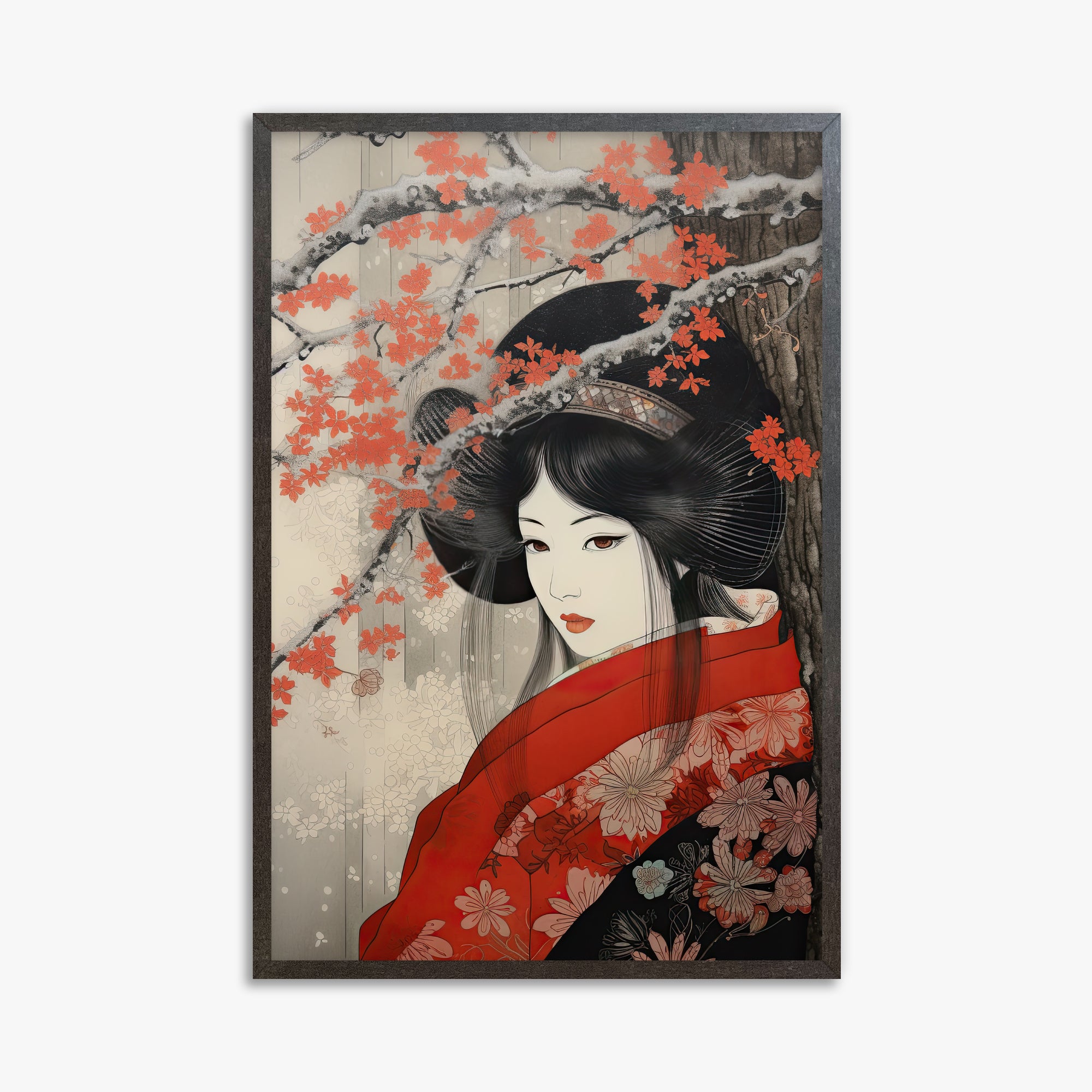 Blossom Geisha Elegance, 61x91cm Framed Poster With Espresso Frame