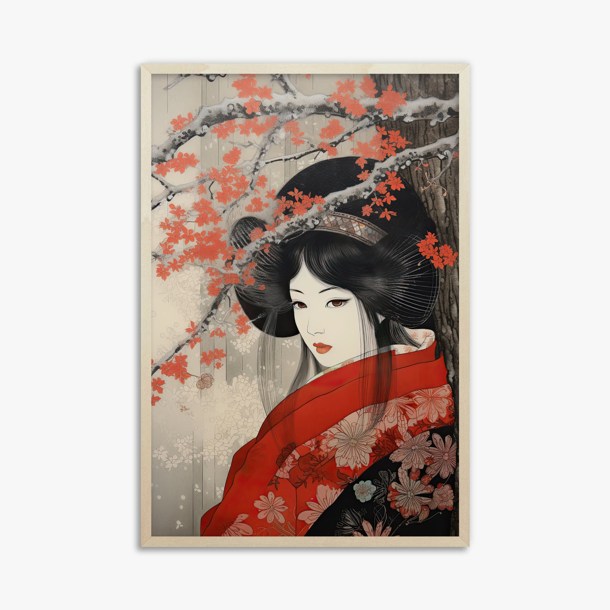 Blossom Geisha Elegance, 61x91cm Framed Poster With Lime Wood Frame