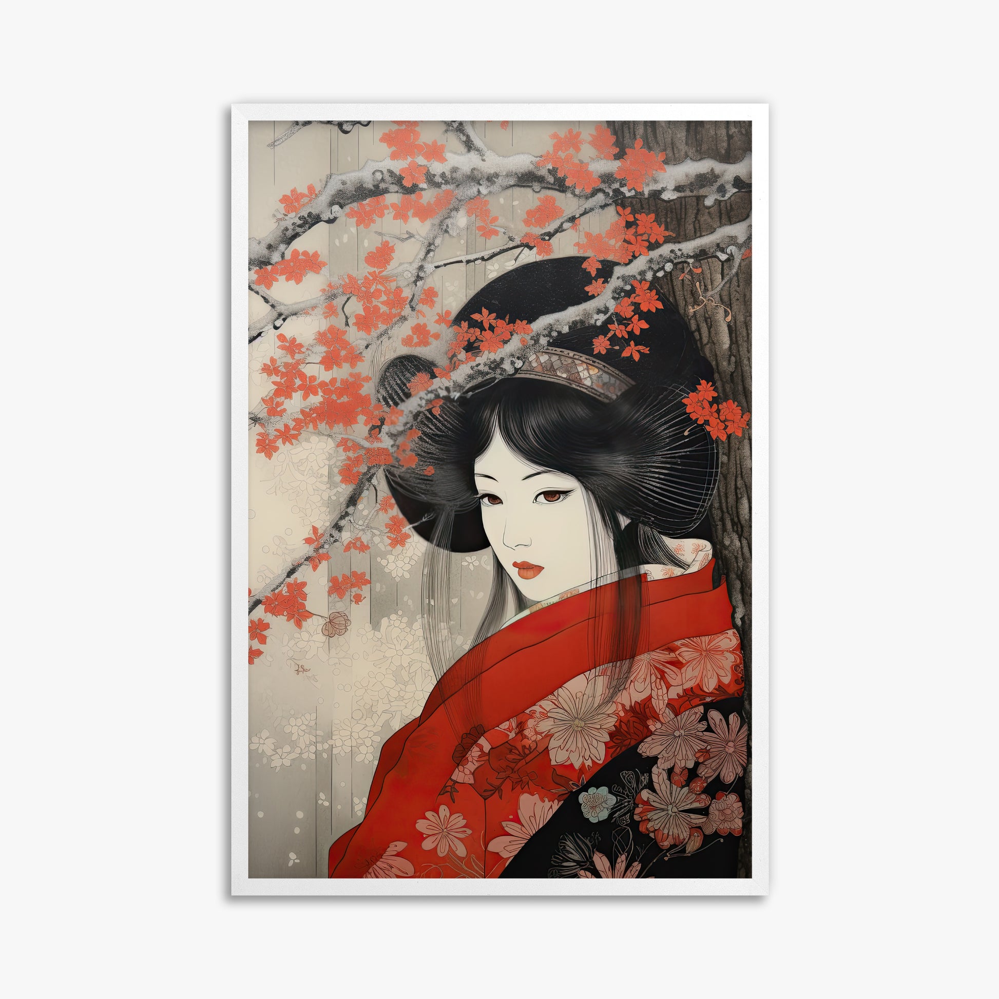 Blossom Geisha Elegance, 61x91cm Framed Poster With White Frame