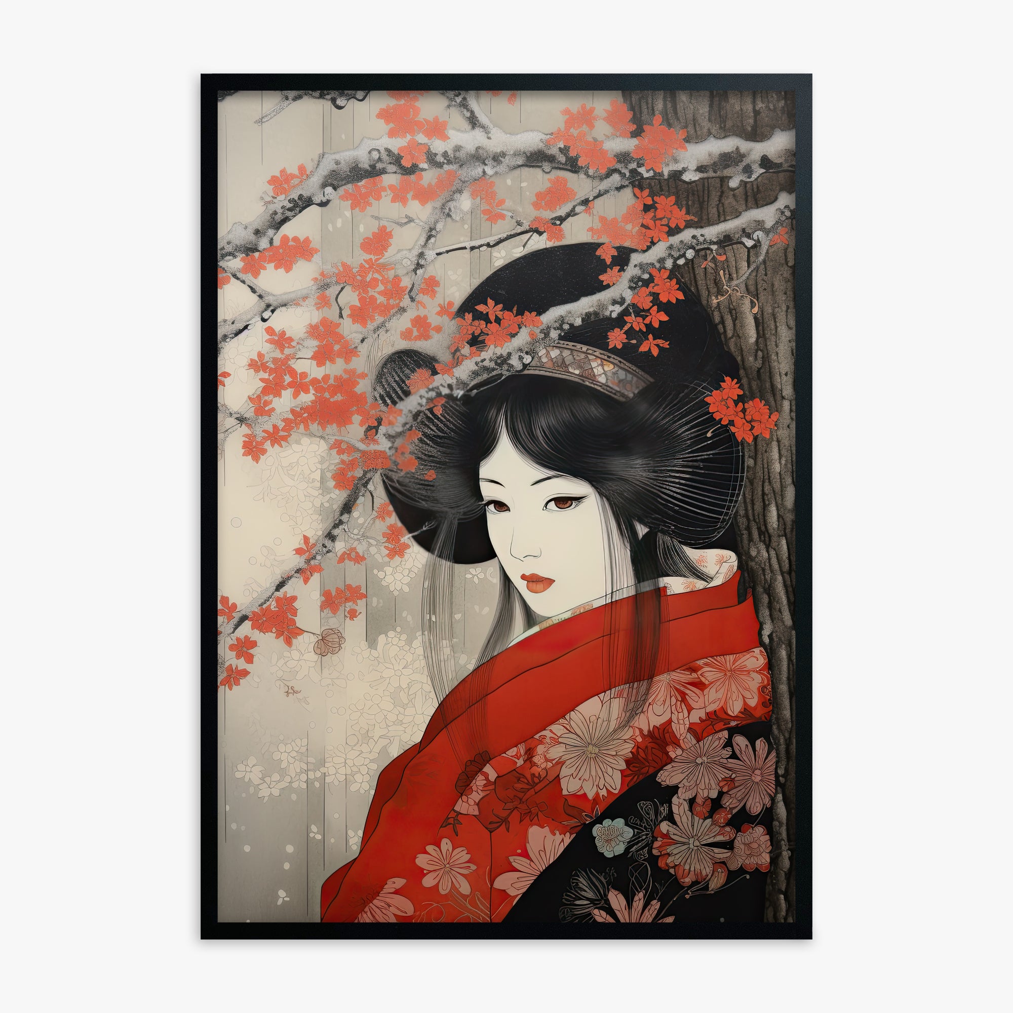 Blossom Geisha Elegance, Black Framed Poster With Black Frame