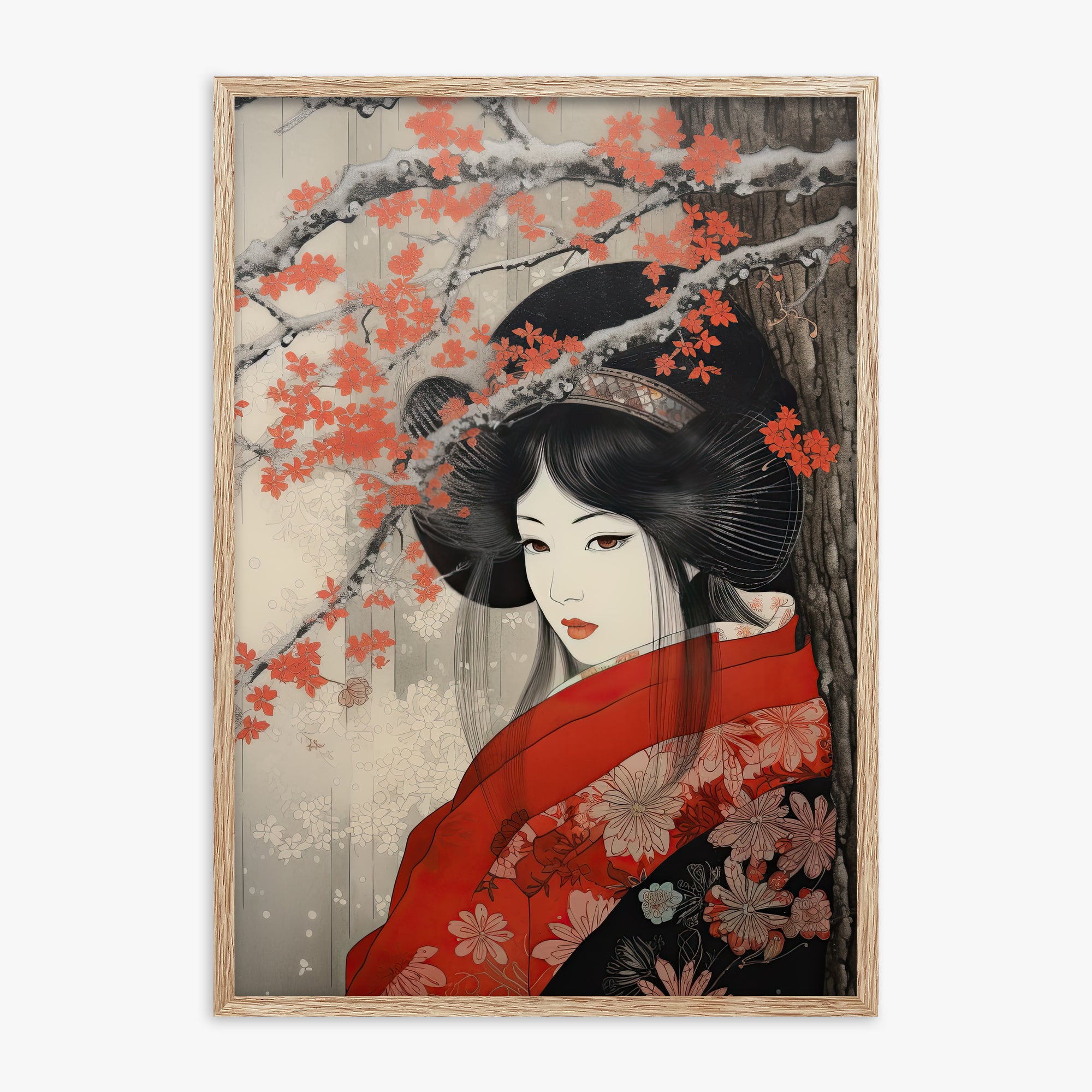 Blossom Geisha Elegance, 70x100cm Framed Poster With Raw Oak Frame