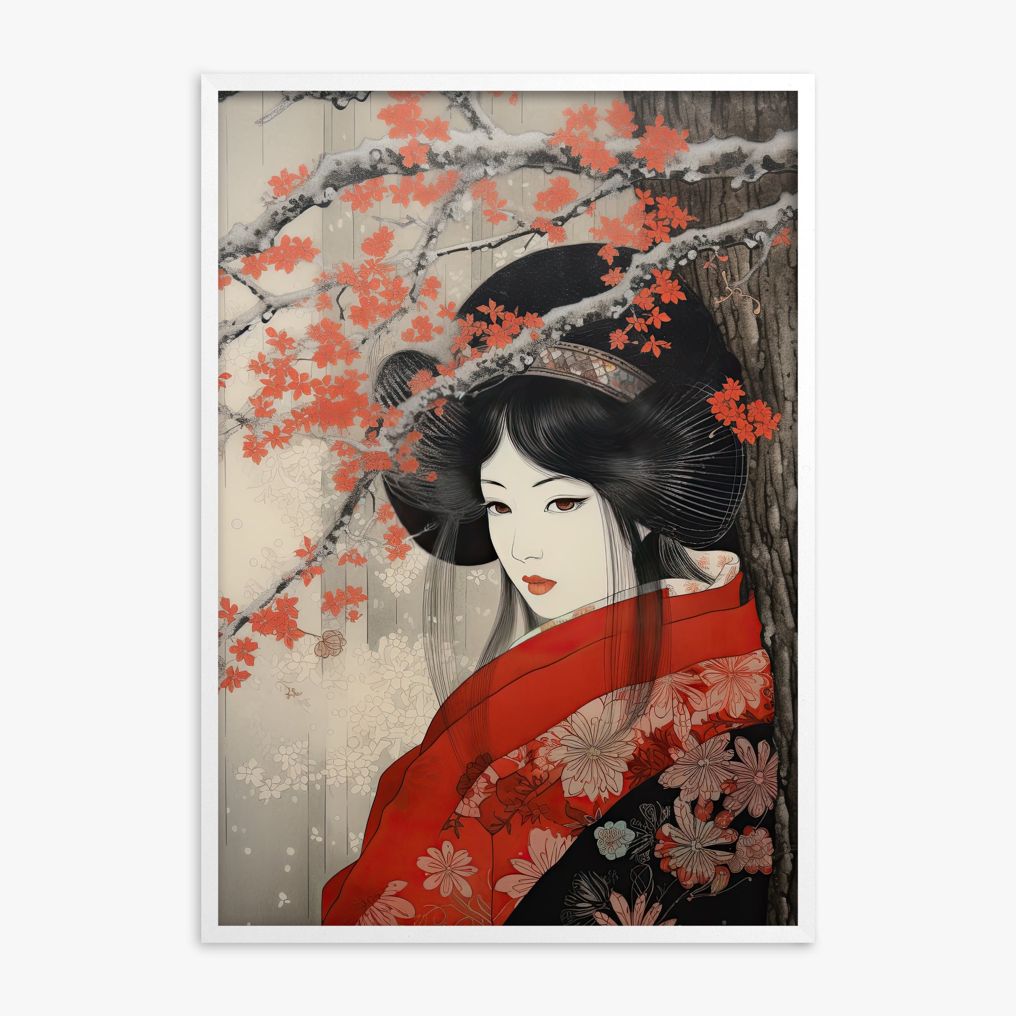 Blossom Geisha Elegance, White Framed Poster With White Frame