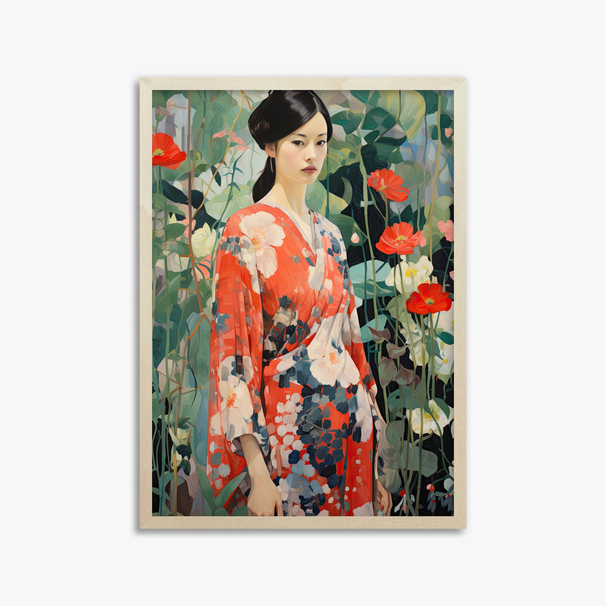 Poppy Garden Kimono, 50x70cm Framed Poster With Lime Wood Frame