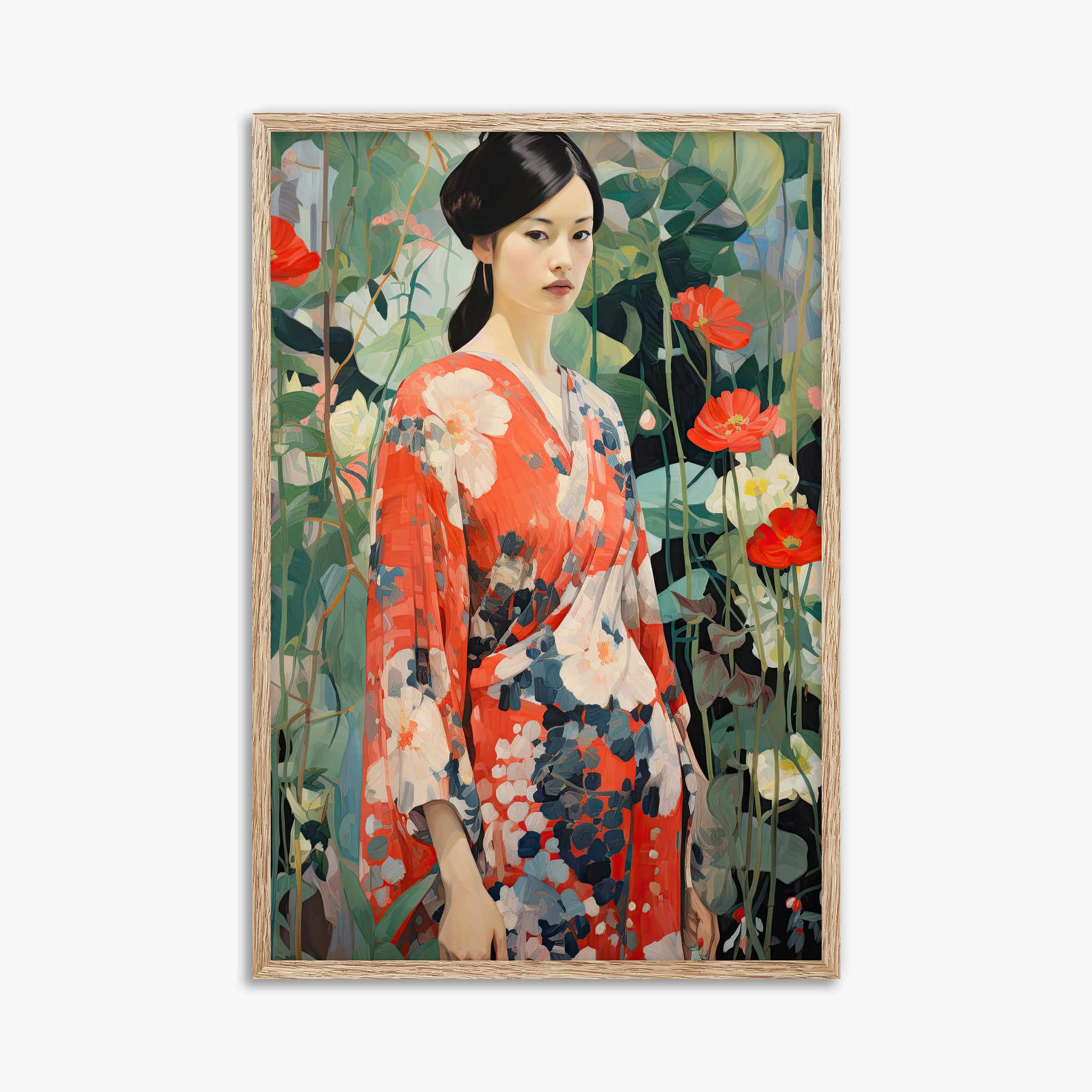 Poppy Garden Kimono, 61x91cm Framed Poster With Raw Oak Frame