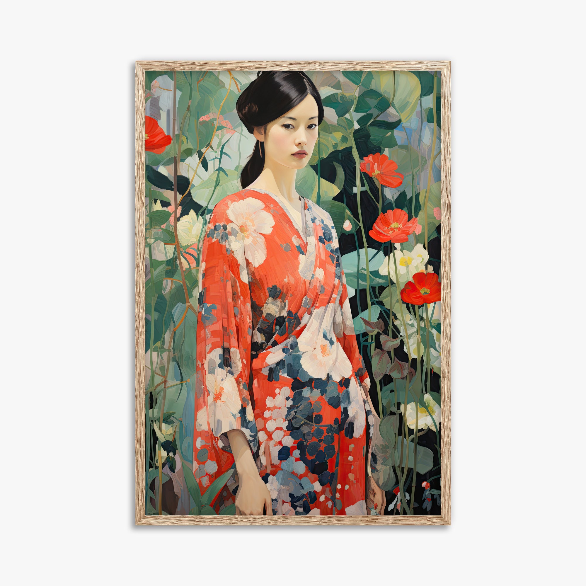 Poppy Garden Kimono, 61x91cm Framed Poster With Raw Oak Frame