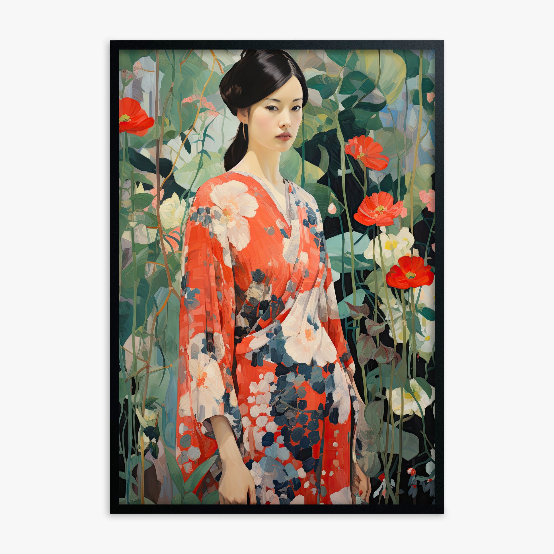 Poppy Garden Kimono, Black Framed Poster With Black Frame