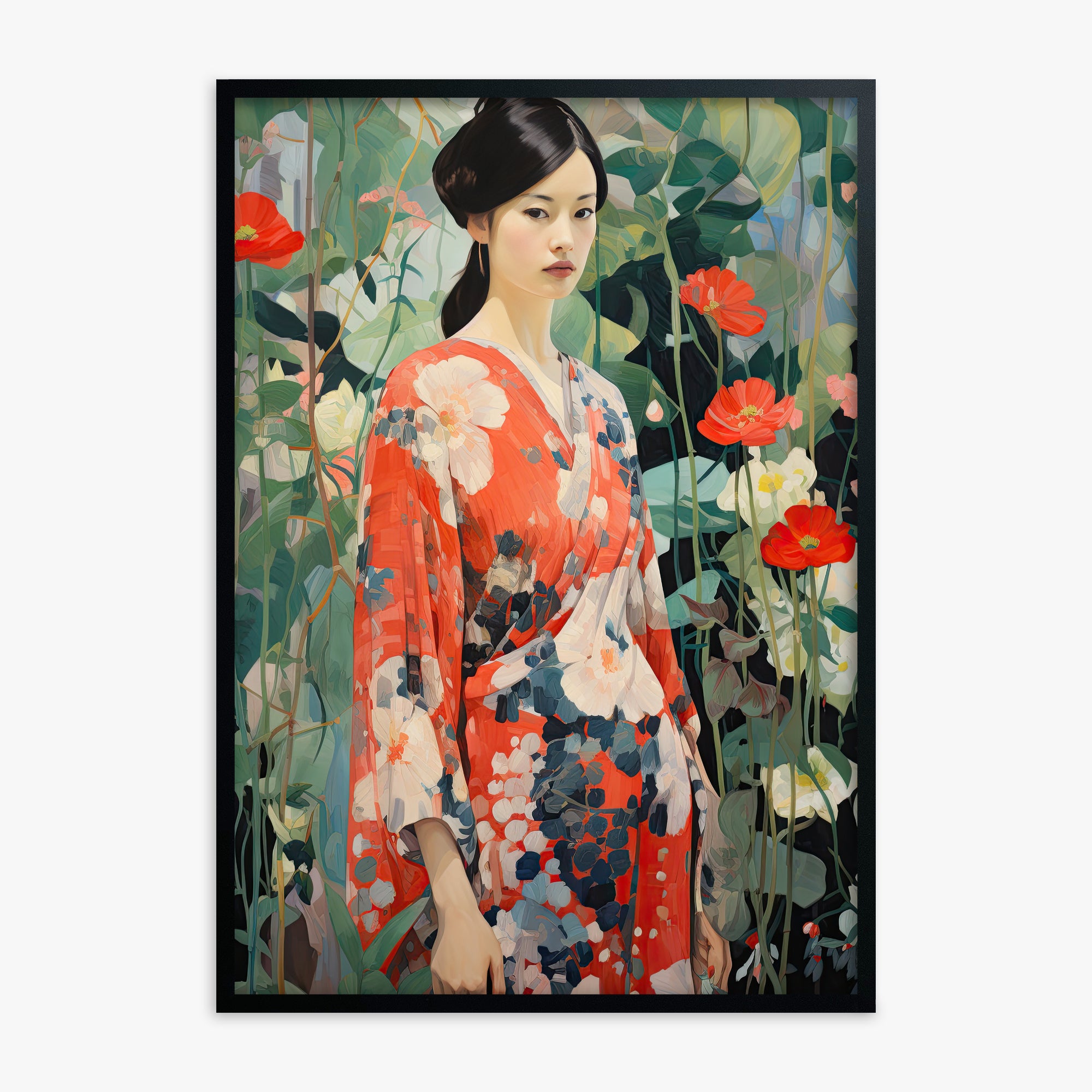 Poppy Garden Kimono, Black Framed Poster With Black Frame