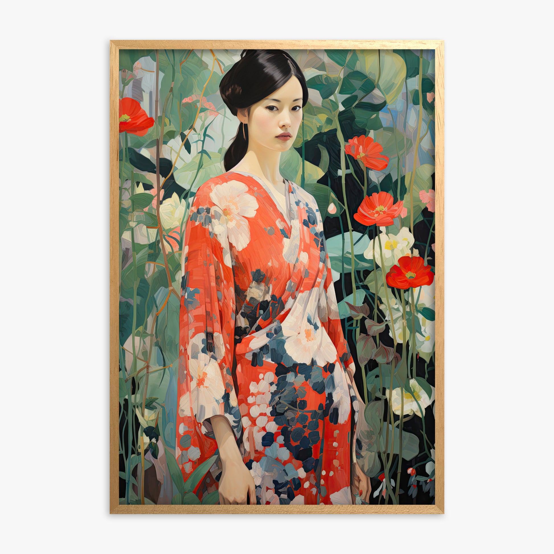 Poppy Garden Kimono, Oak Framed Poster With Oak Frame