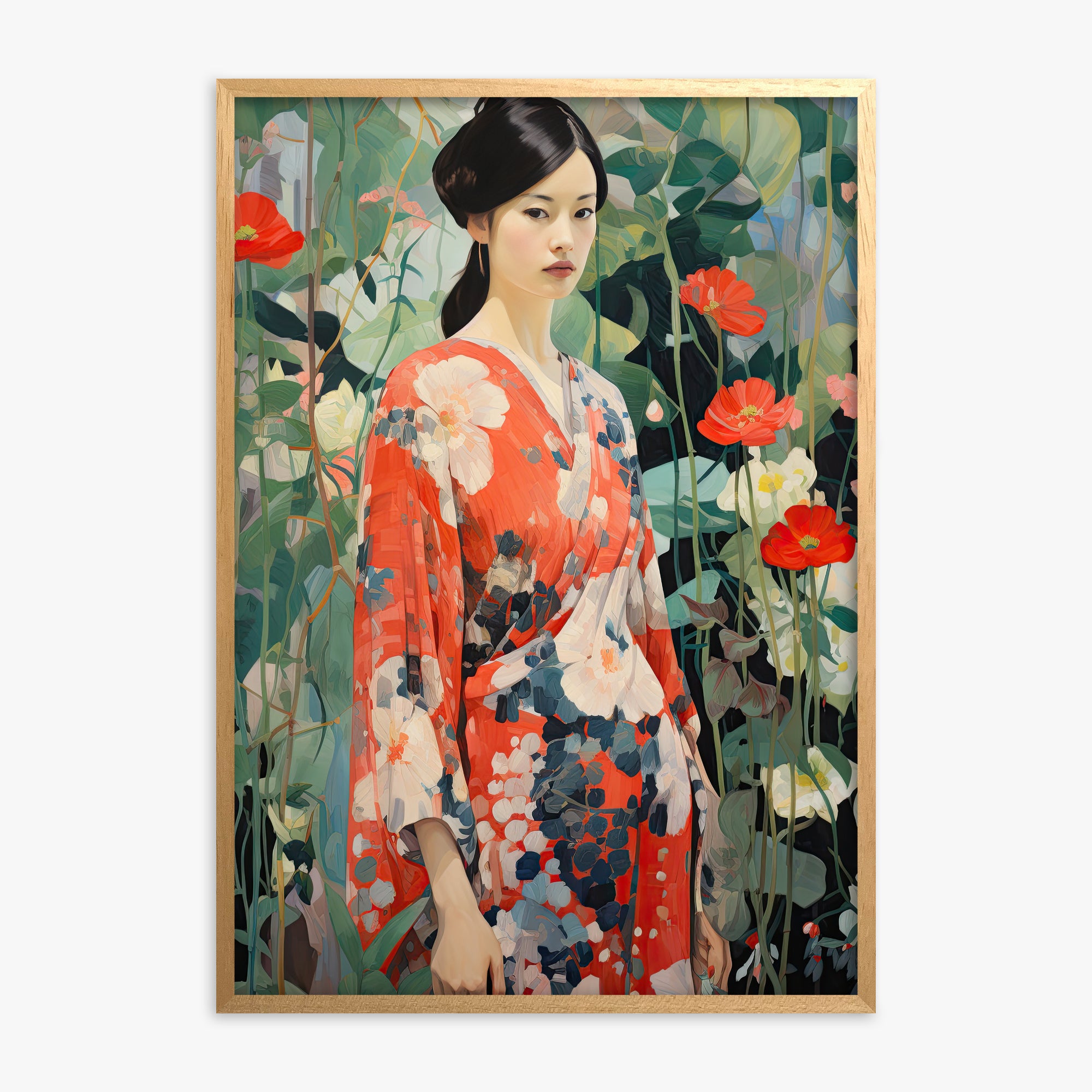 Poppy Garden Kimono, Oak Framed Poster With Oak Frame