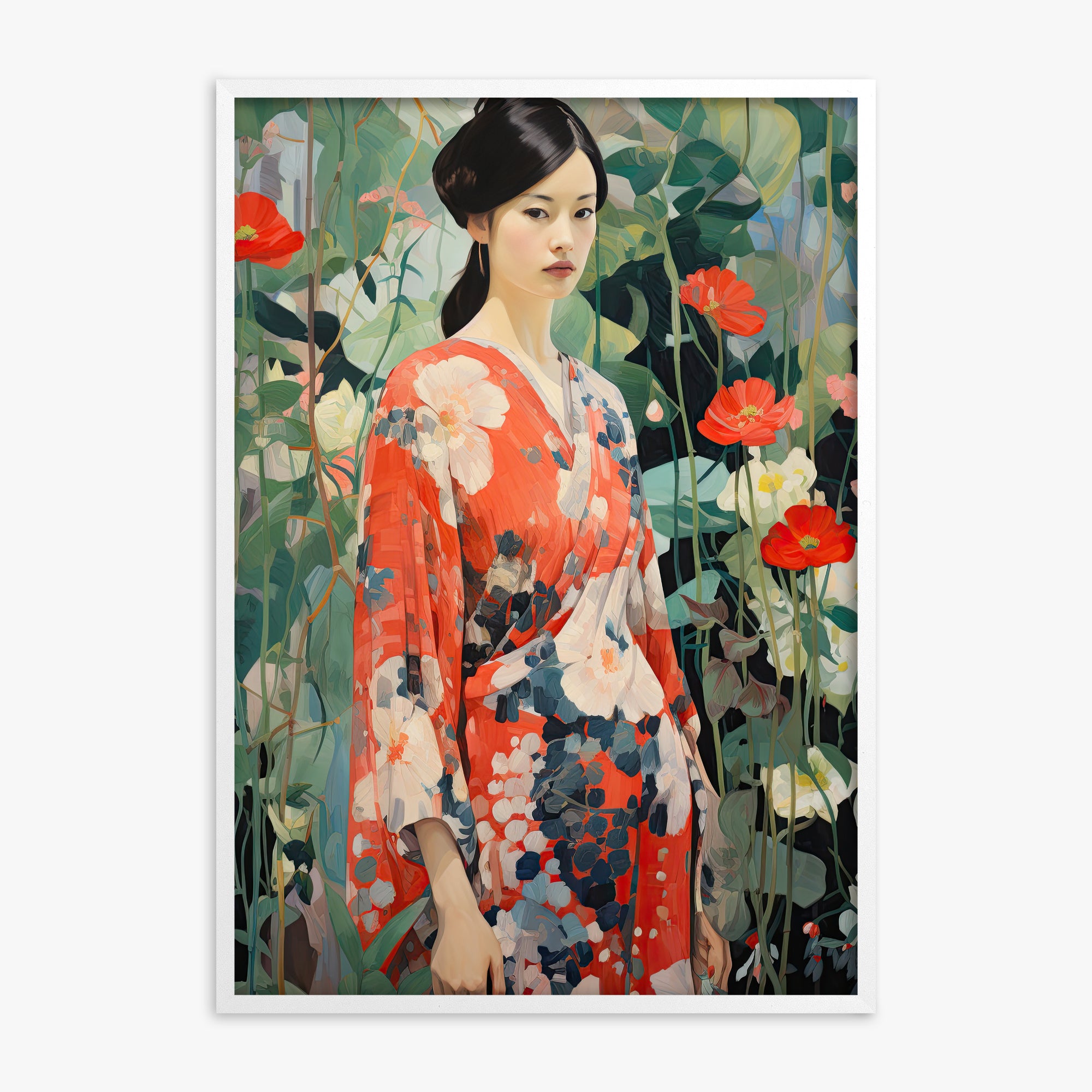 Poppy Garden Kimono, White Framed Poster With White Frame