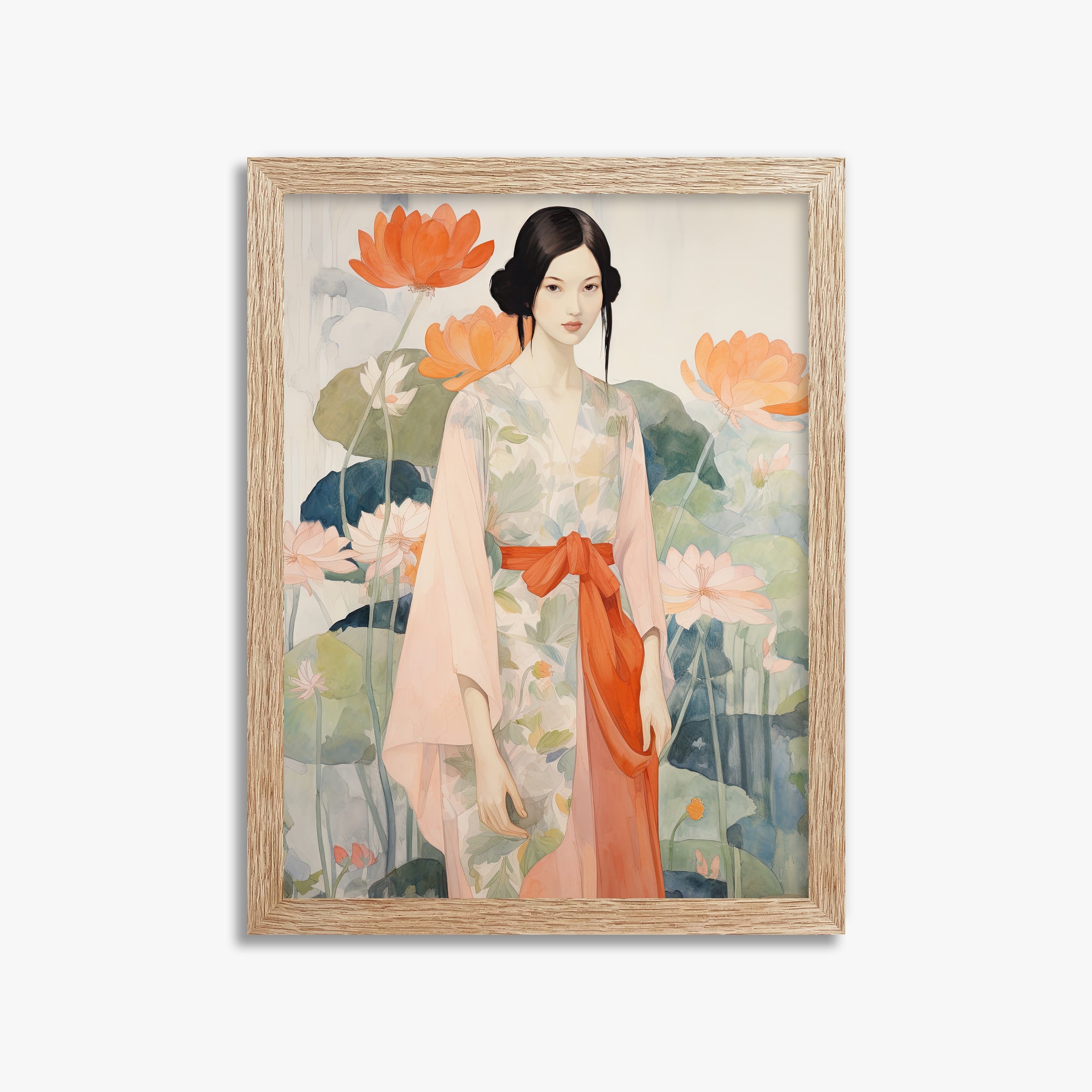 Lotus Garden Maiden, 30x40cm Framed Poster With Raw Oak Frame