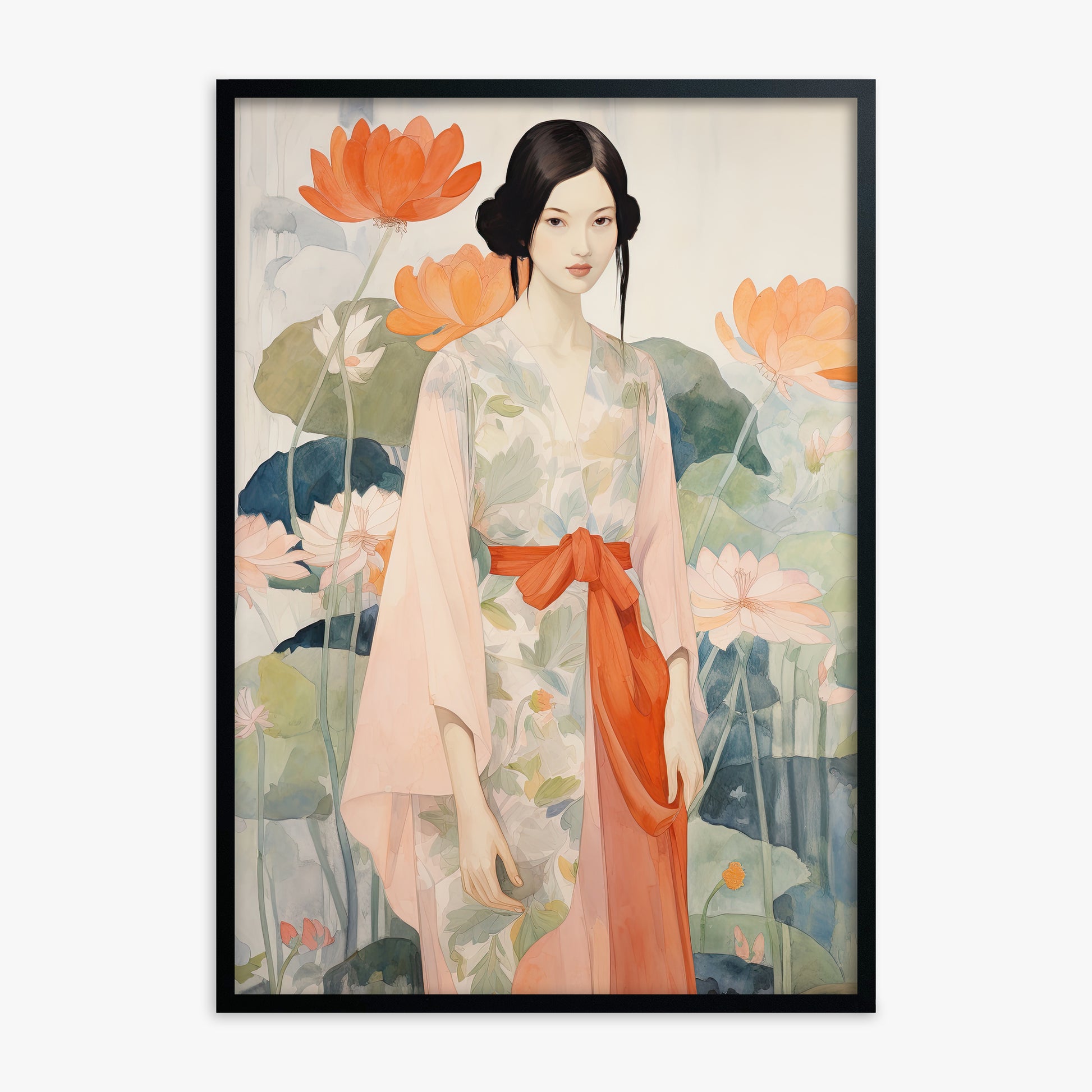 Lotus Garden Maiden, Black Framed Poster With Black Frame