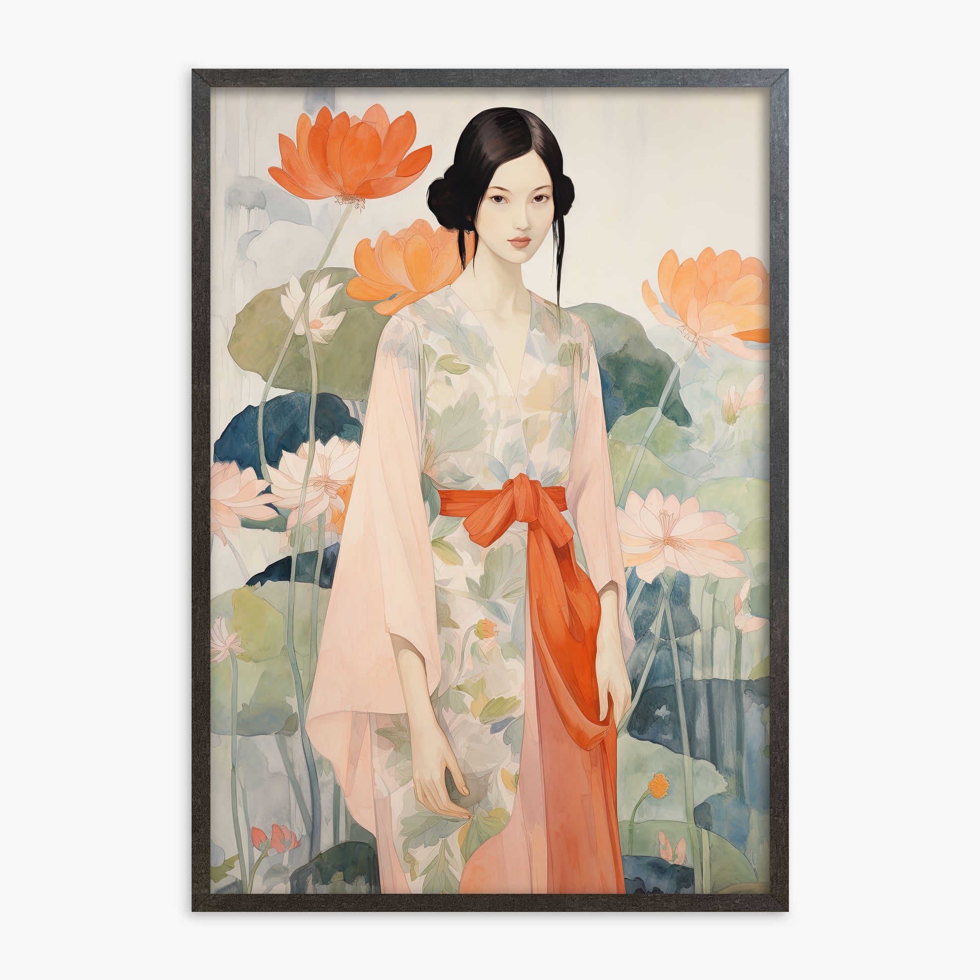 Lotus Garden Maiden, 70x100cm Framed Poster With Espresso Frame