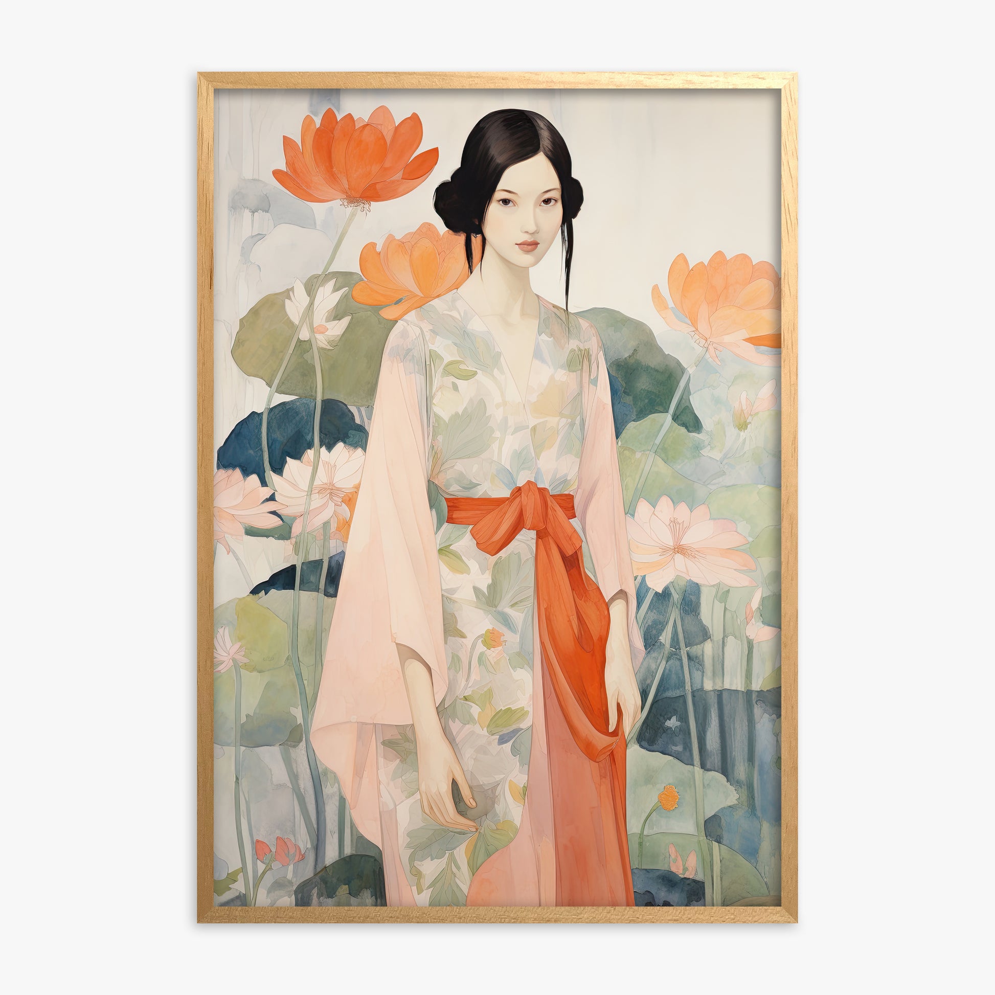 Lotus Garden Maiden, Oak Framed Poster With Oak Frame