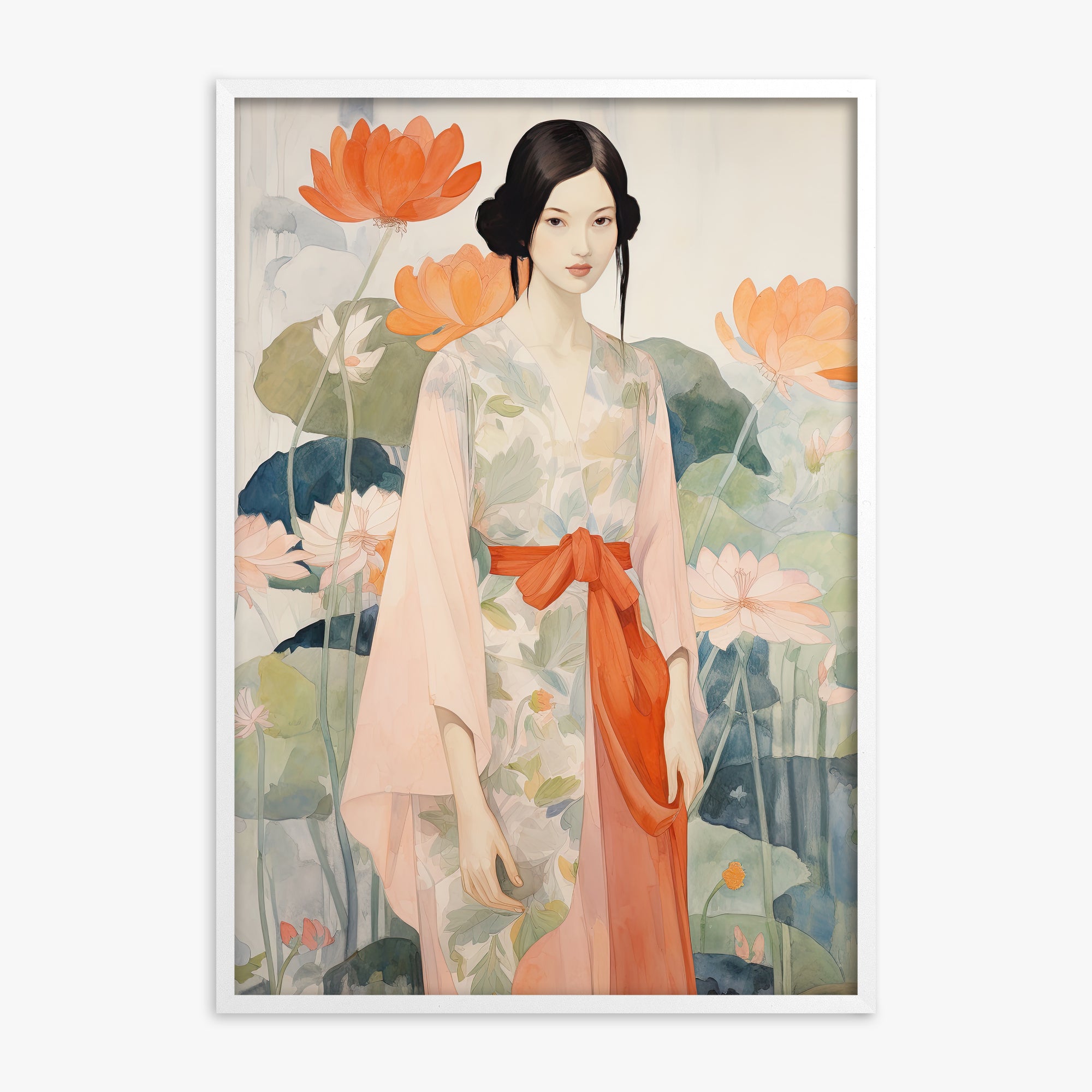 Lotus Garden Maiden, White Framed Poster With White Frame