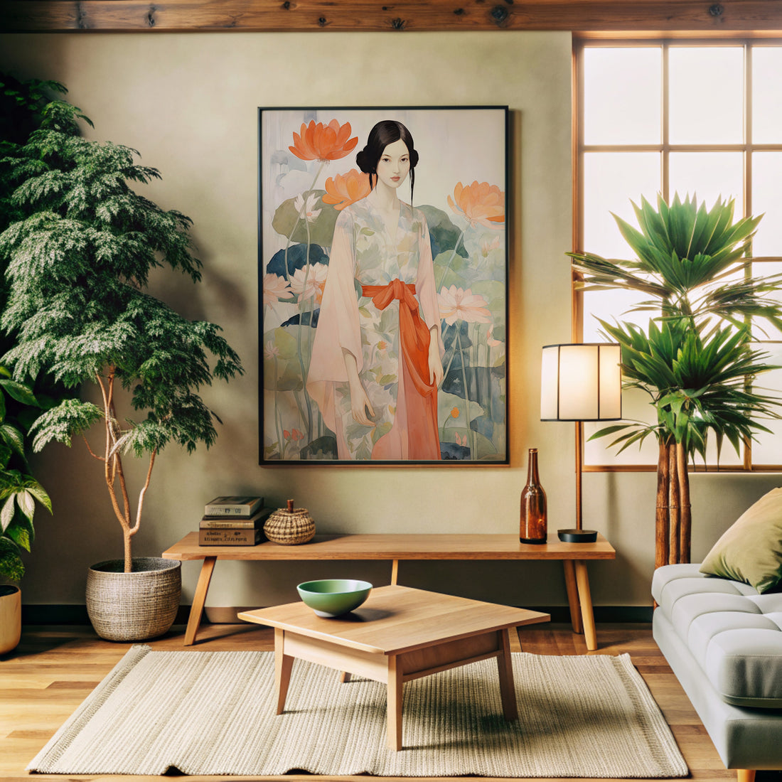 Lotus Garden Maiden, 50x70cm Framed Poster With Black Frame