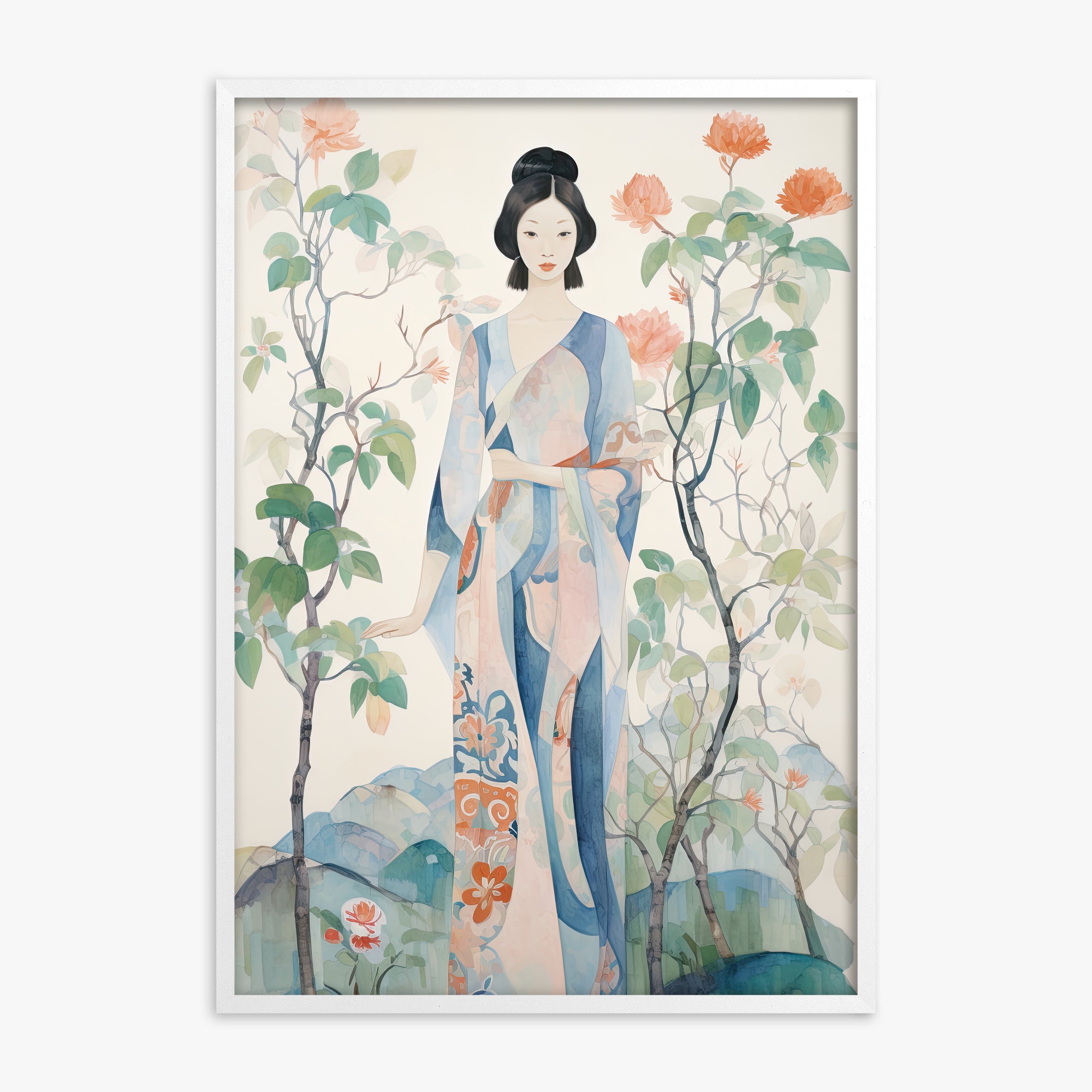 Blossom Garden Serenity, White Framed Poster With White Frame