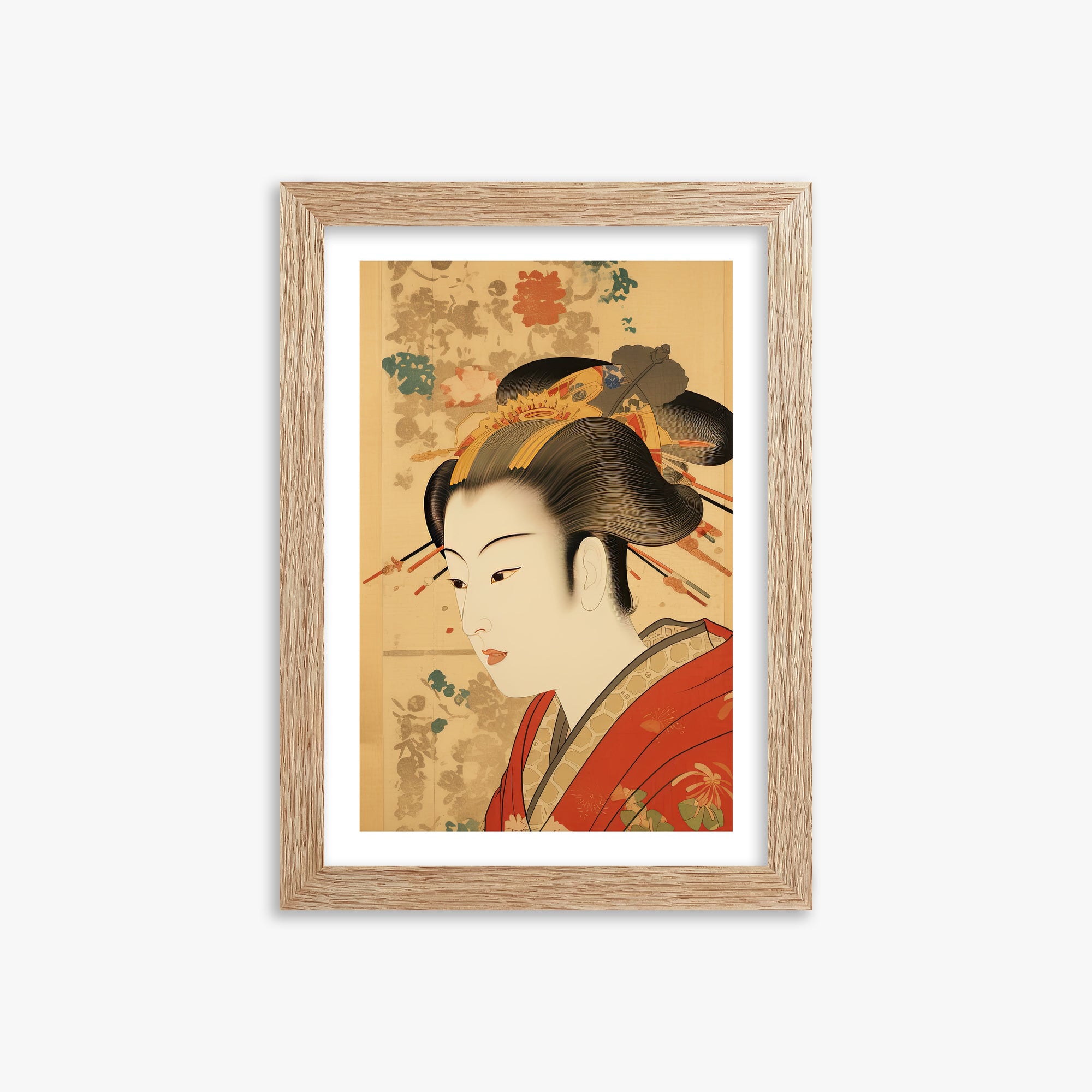 Elegant Geisha Portrait, 21x30cm Framed Poster With Raw Oak Frame