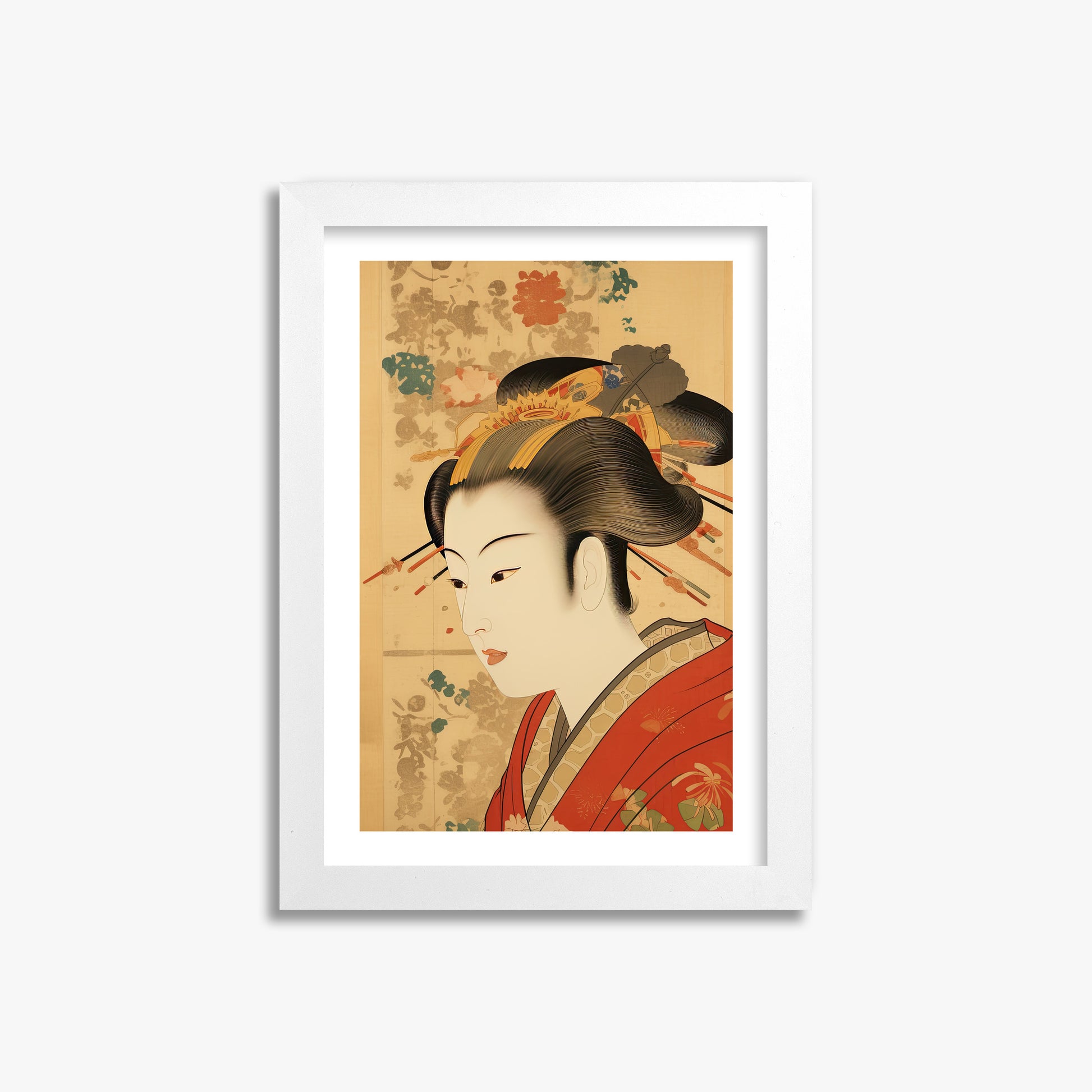 Elegant Geisha Portrait, 21x30cm Framed Poster With White Frame
