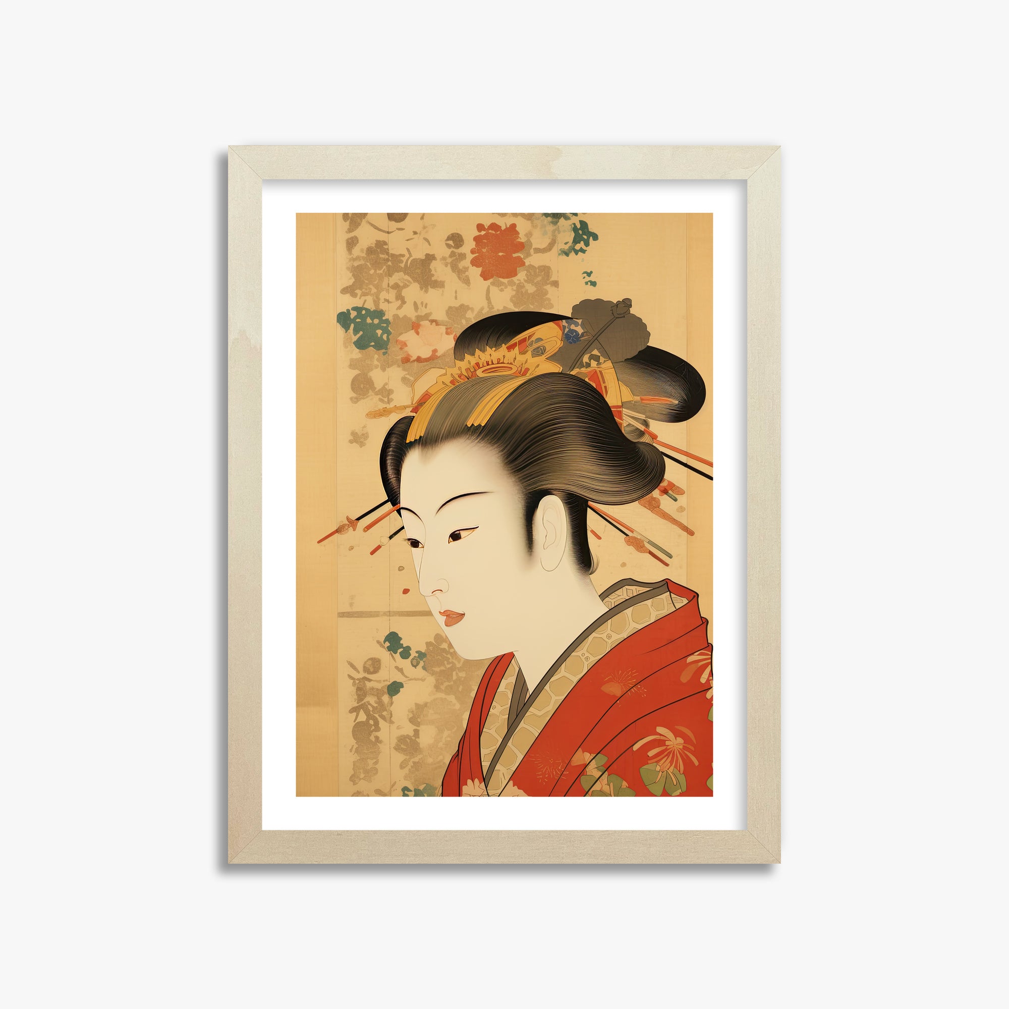 Elegant Geisha Portrait, 30x40cm Framed Poster With Lime Wood Frame