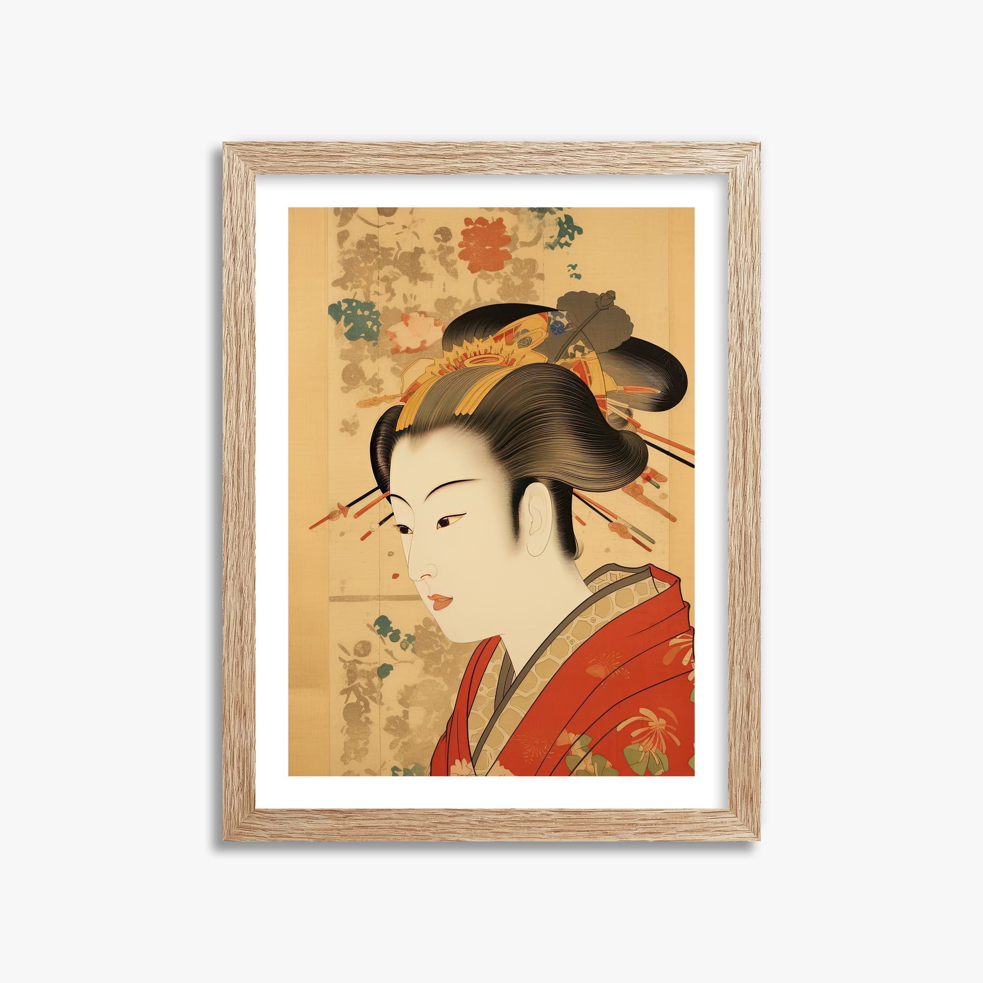 Elegant Geisha Portrait, 30x40cm Framed Poster With Raw Oak Frame