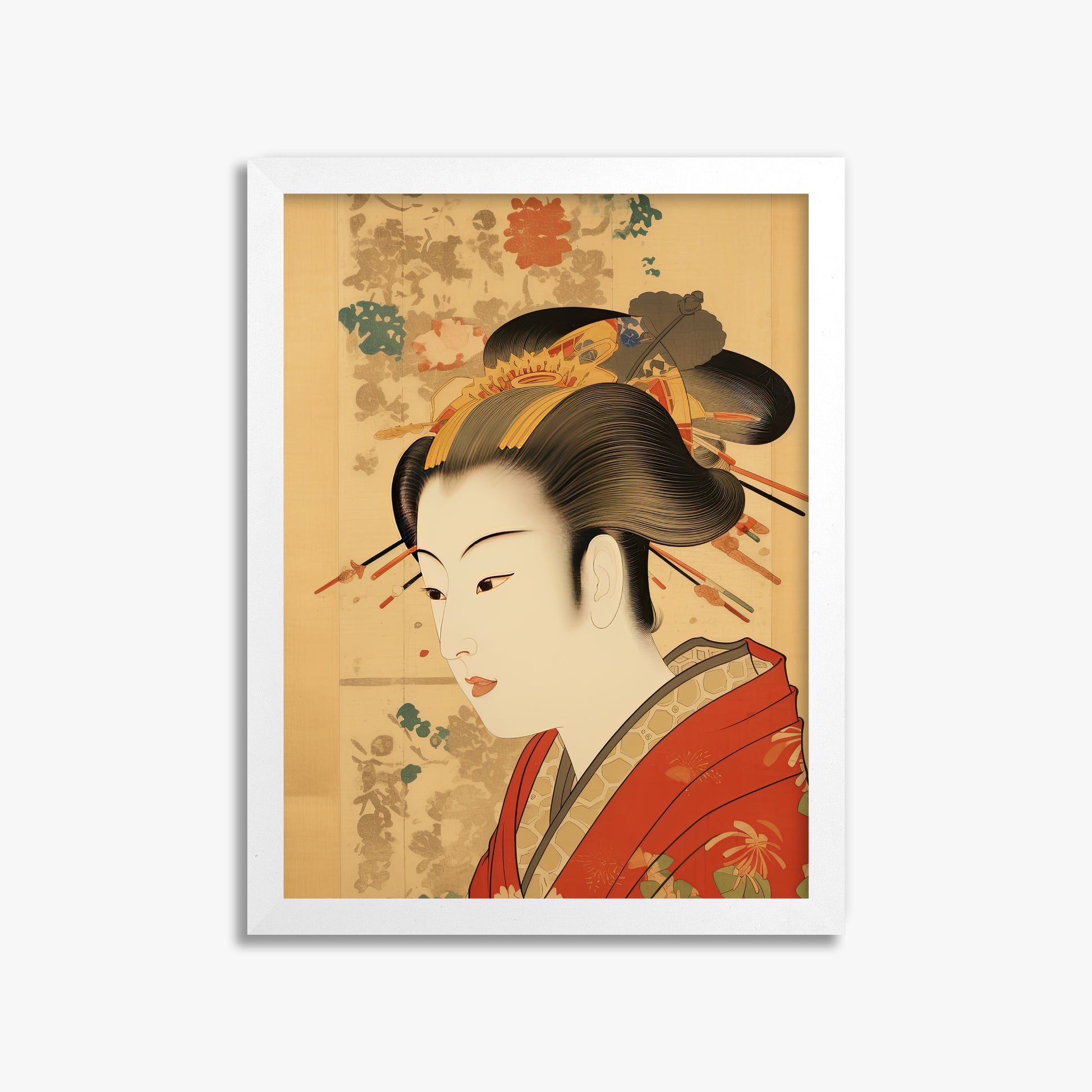 Elegant Geisha Portrait, 30x40cm Framed Poster With White Frame