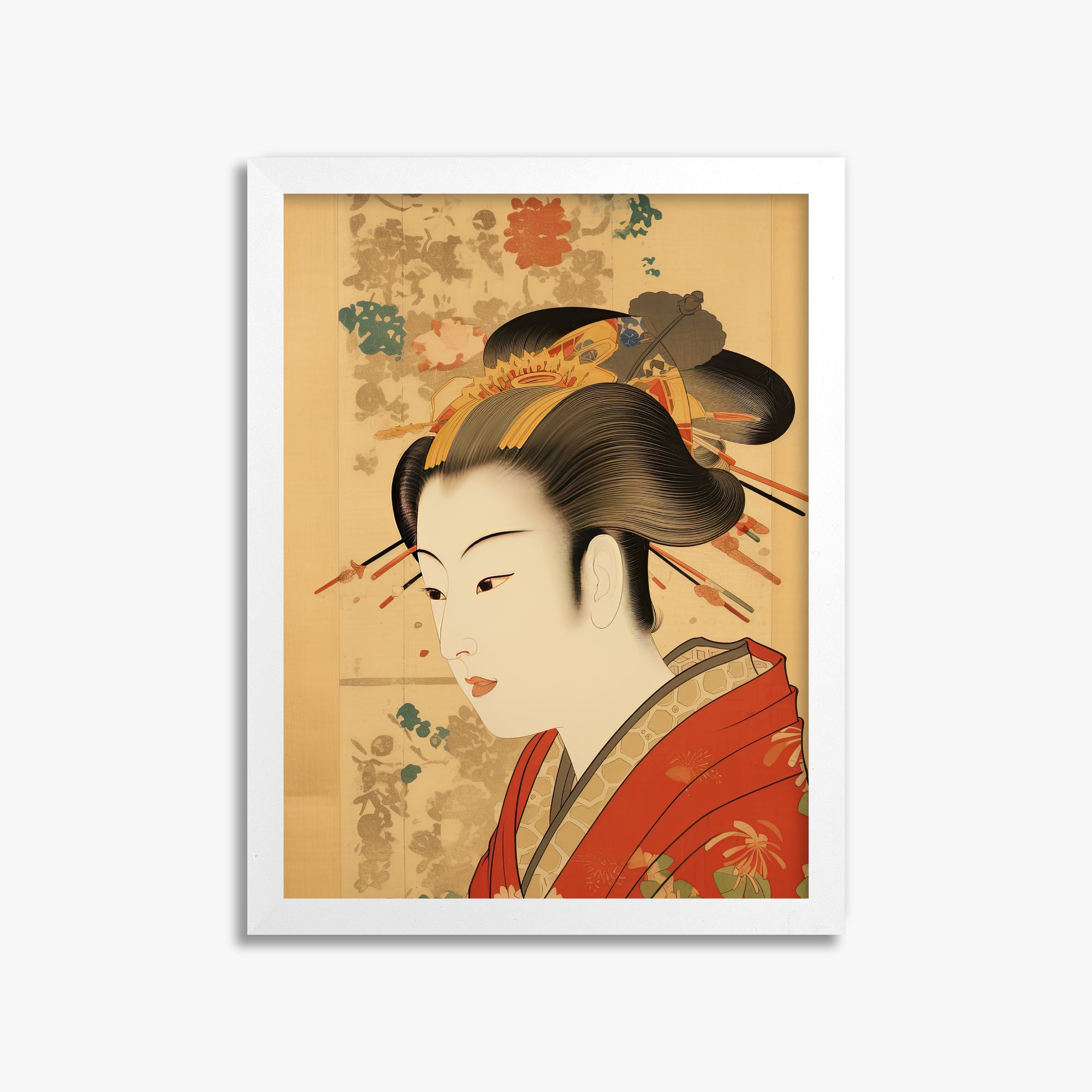 Elegant Geisha Portrait, 30x40cm Framed Poster With White Frame