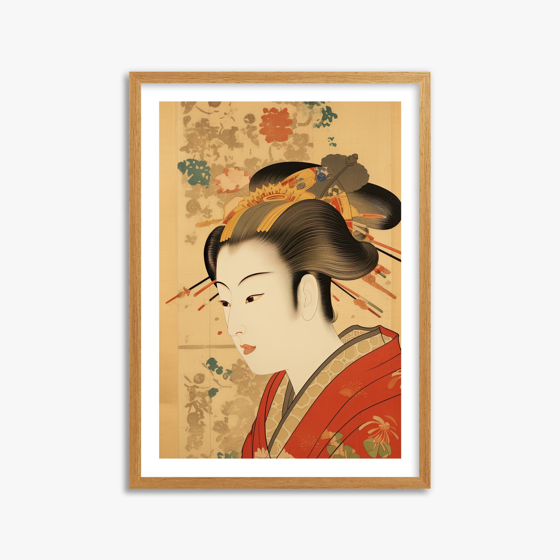 Elegant Geisha Portrait, 50x70cm Framed Poster With Oak Frame