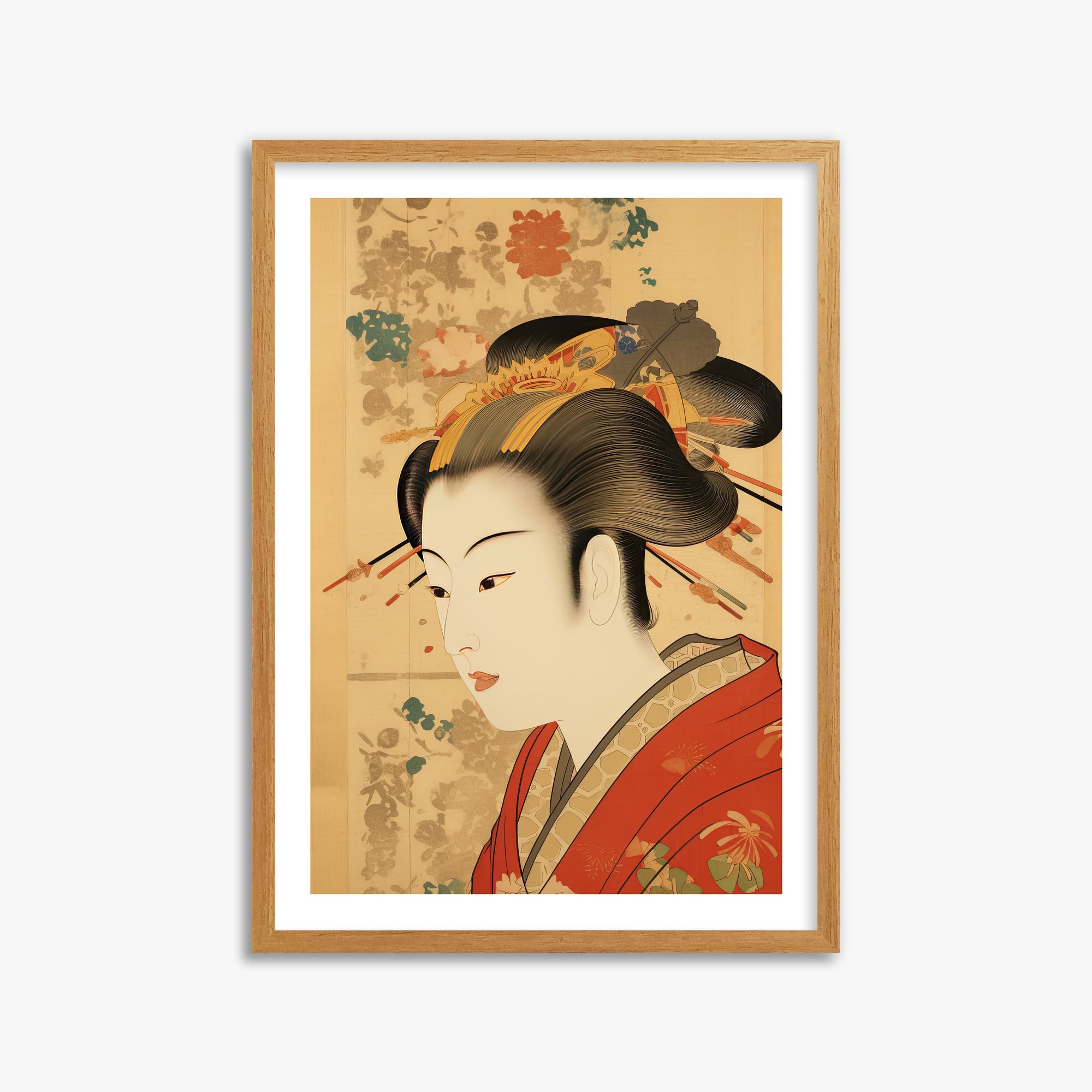 Elegant Geisha Portrait, 50x70cm Framed Poster With Oak Frame