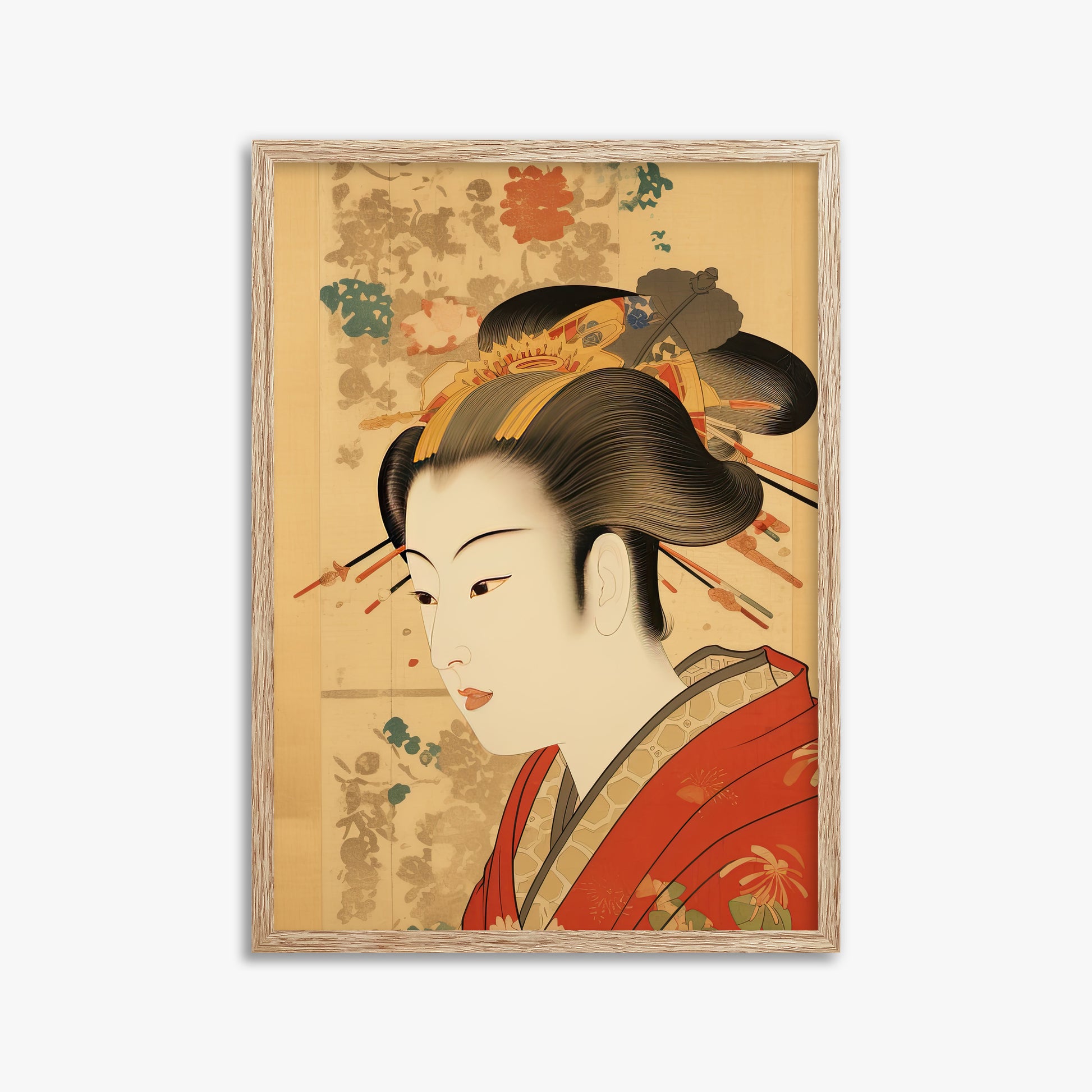 Elegant Geisha Portrait, 50x70cm Framed Poster With Raw Oak Frame