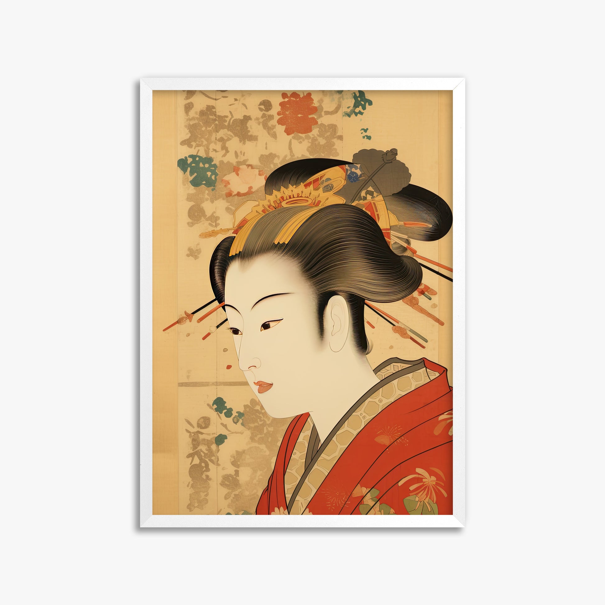 Elegant Geisha Portrait, 50x70cm Framed Poster With White Frame
