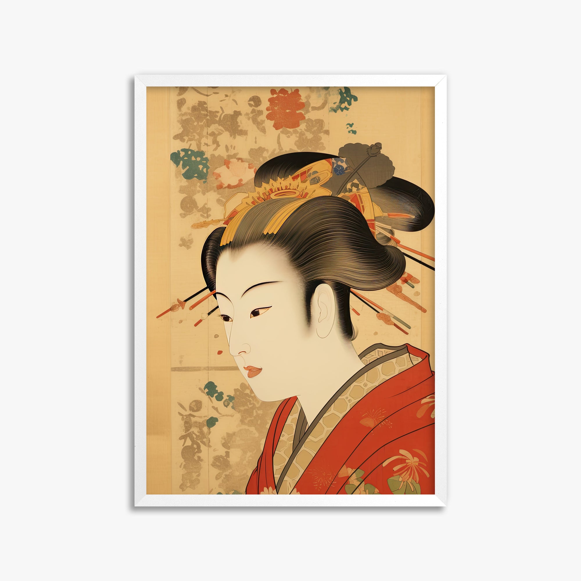 Elegant Geisha Portrait, 50x70cm Framed Poster With White Frame