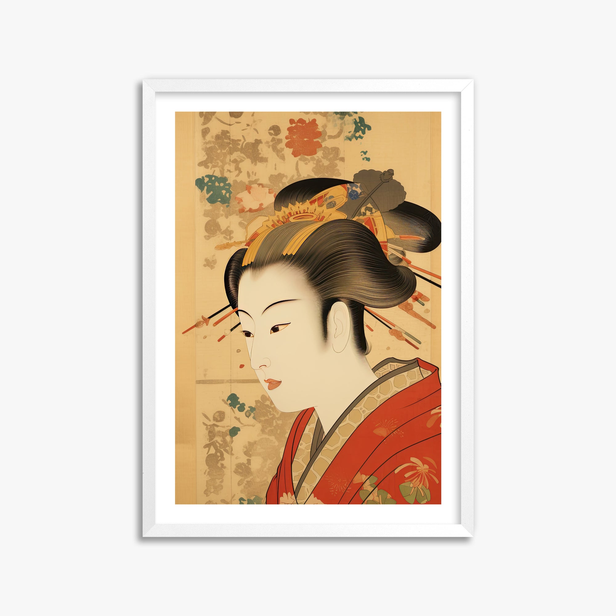 Elegant Geisha Portrait, 50x70cm Framed Poster With White Frame