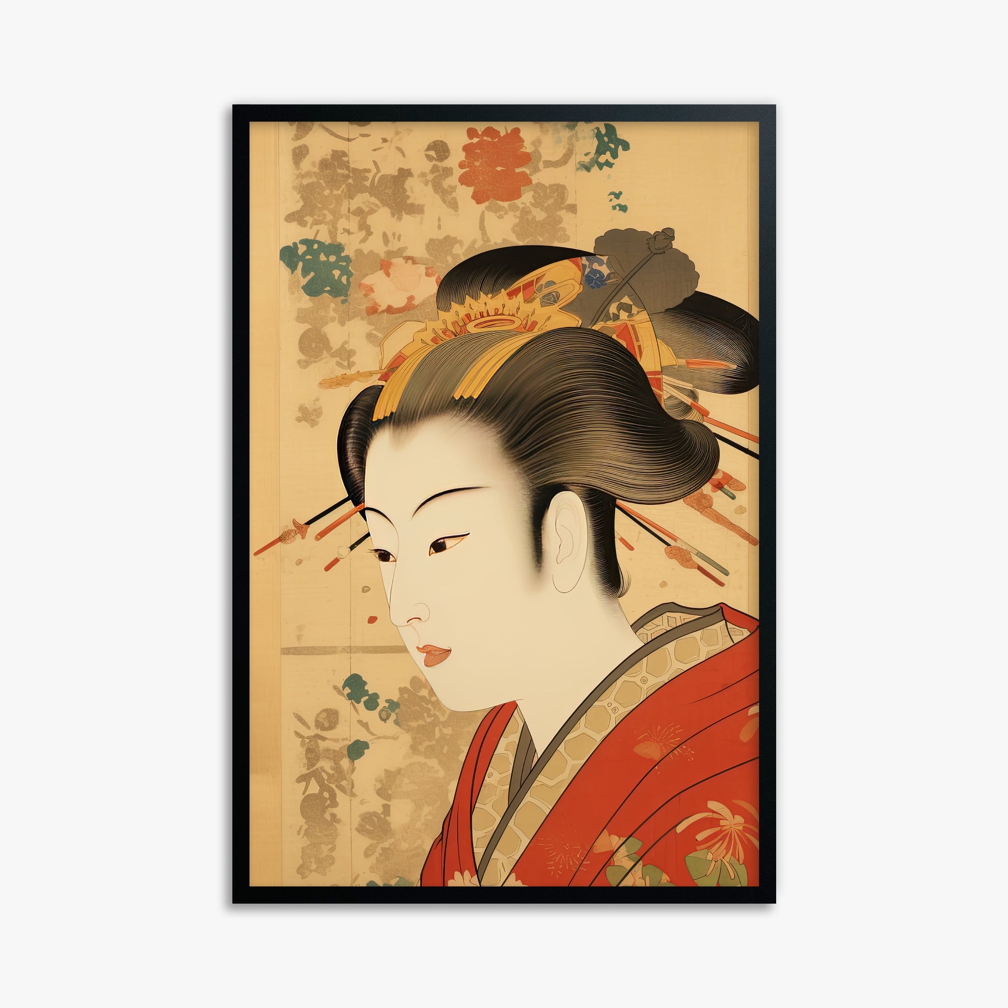 Elegant Geisha Portrait, 61x91cm Framed Poster With Black Frame