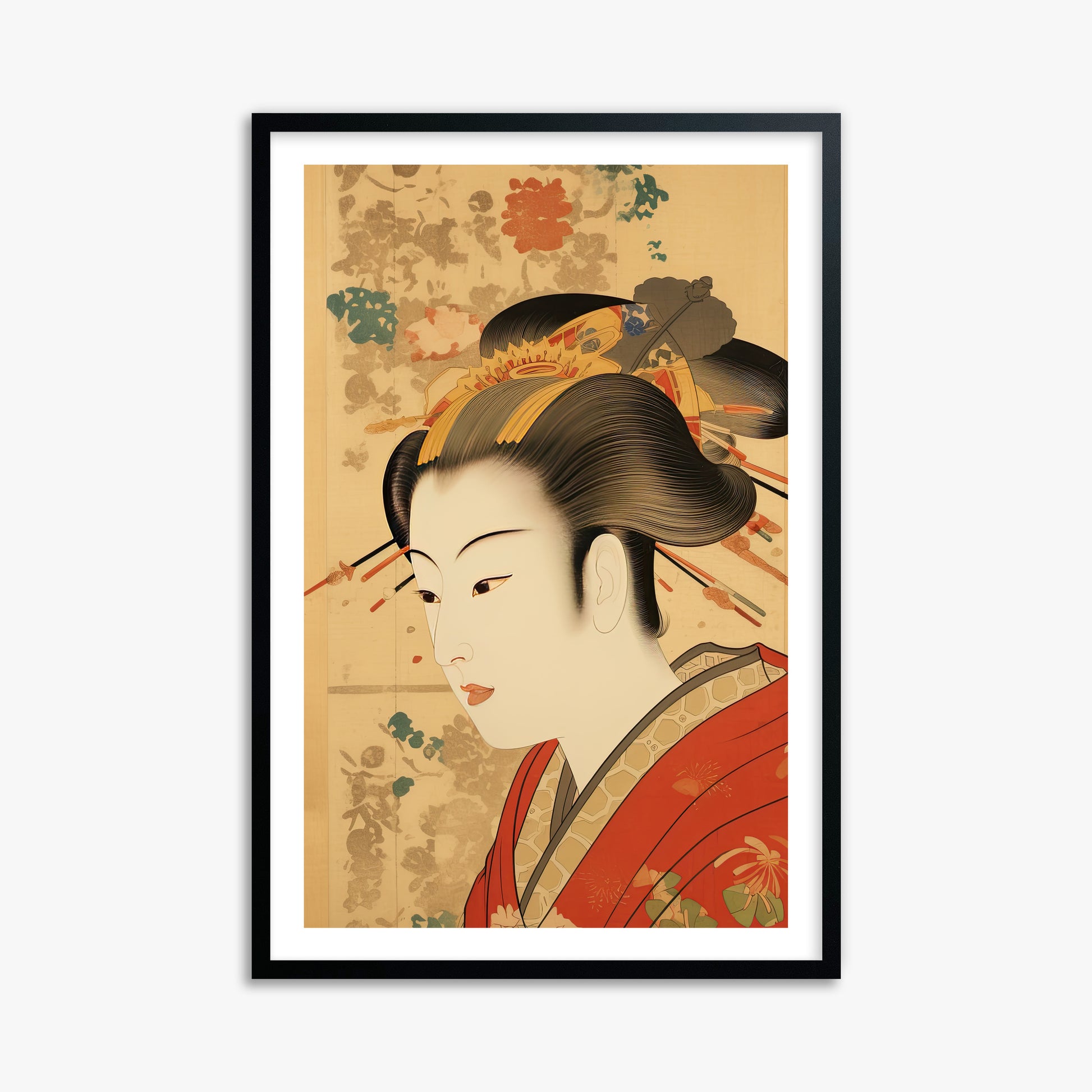 Elegant Geisha Portrait, 61x91cm Framed Poster With Black Frame