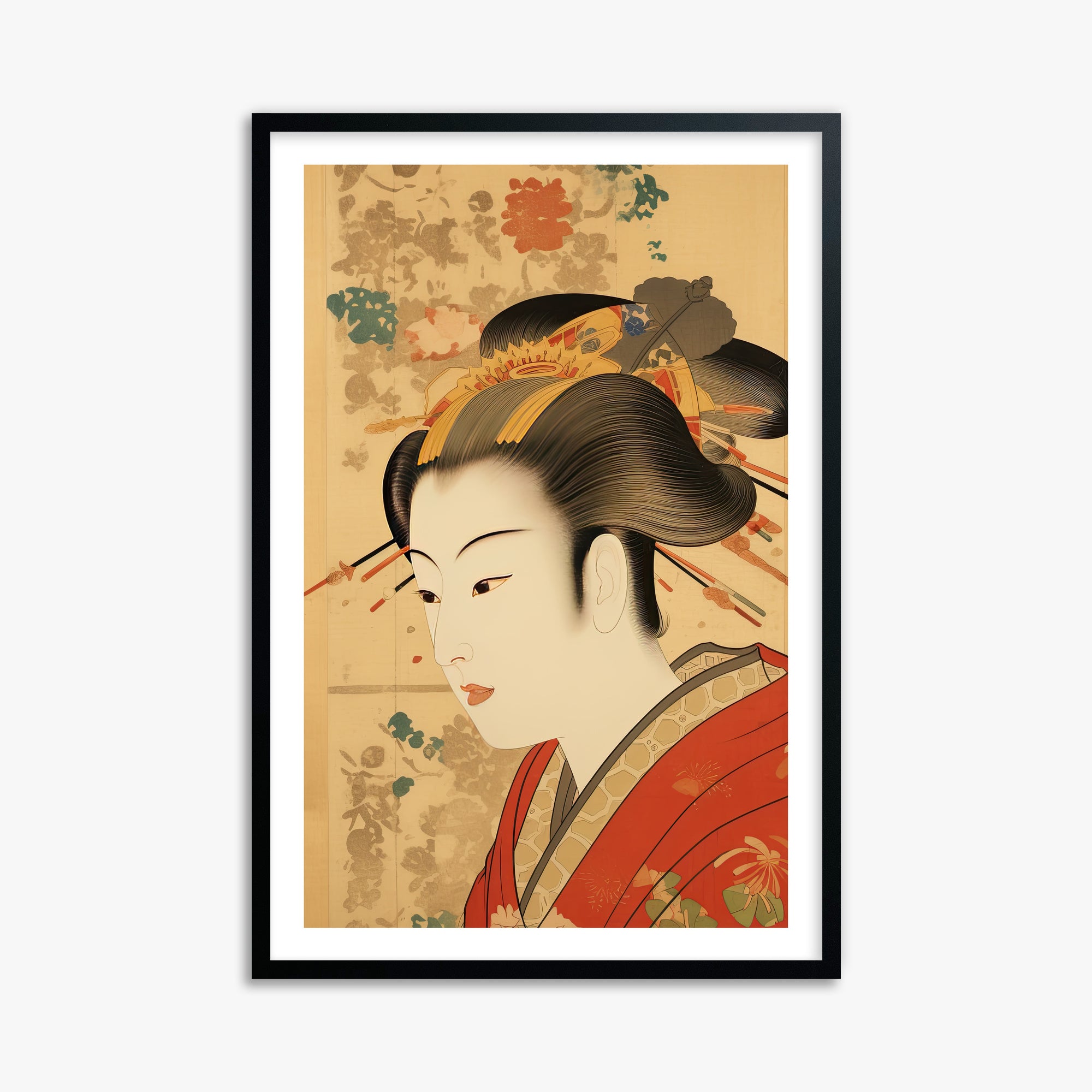 Elegant Geisha Portrait, 61x91cm Framed Poster With Black Frame