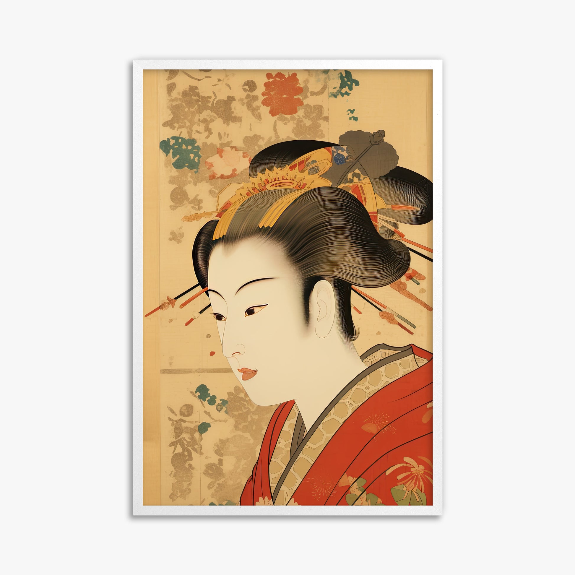 Elegant Geisha Portrait, 61x91cm Framed Poster With White Frame