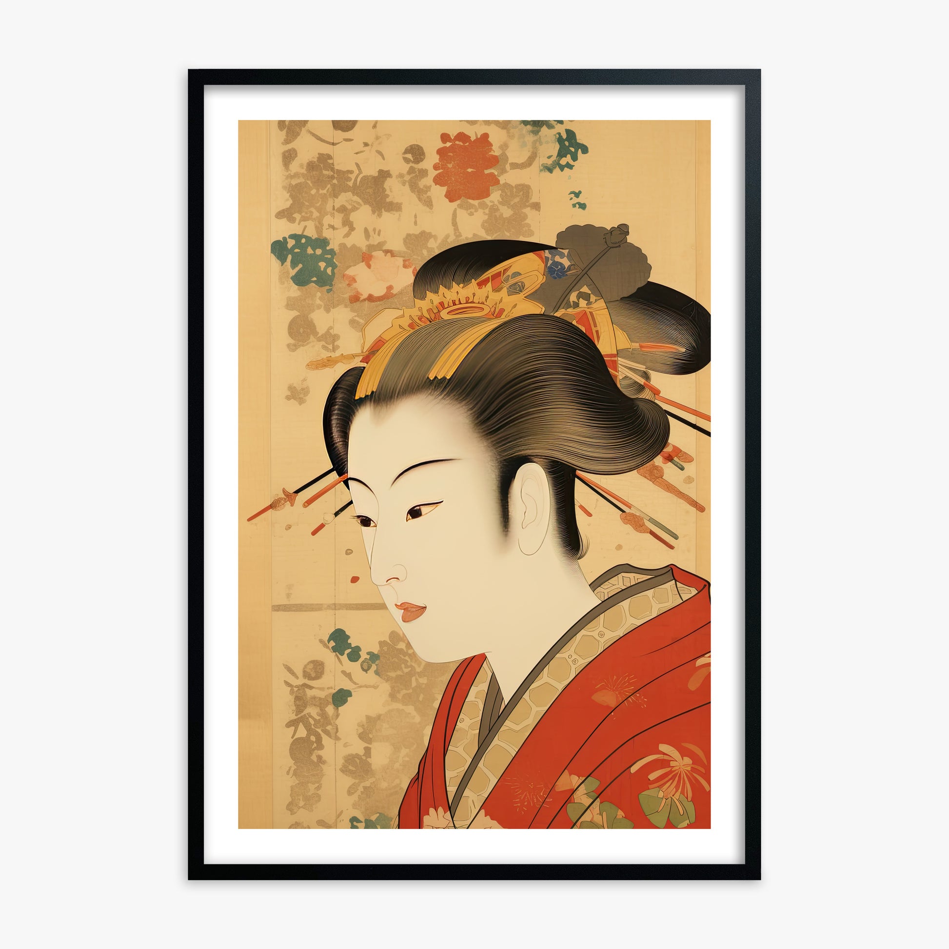 Elegant Geisha Portrait, 70x100cm Framed Poster With Black Frame