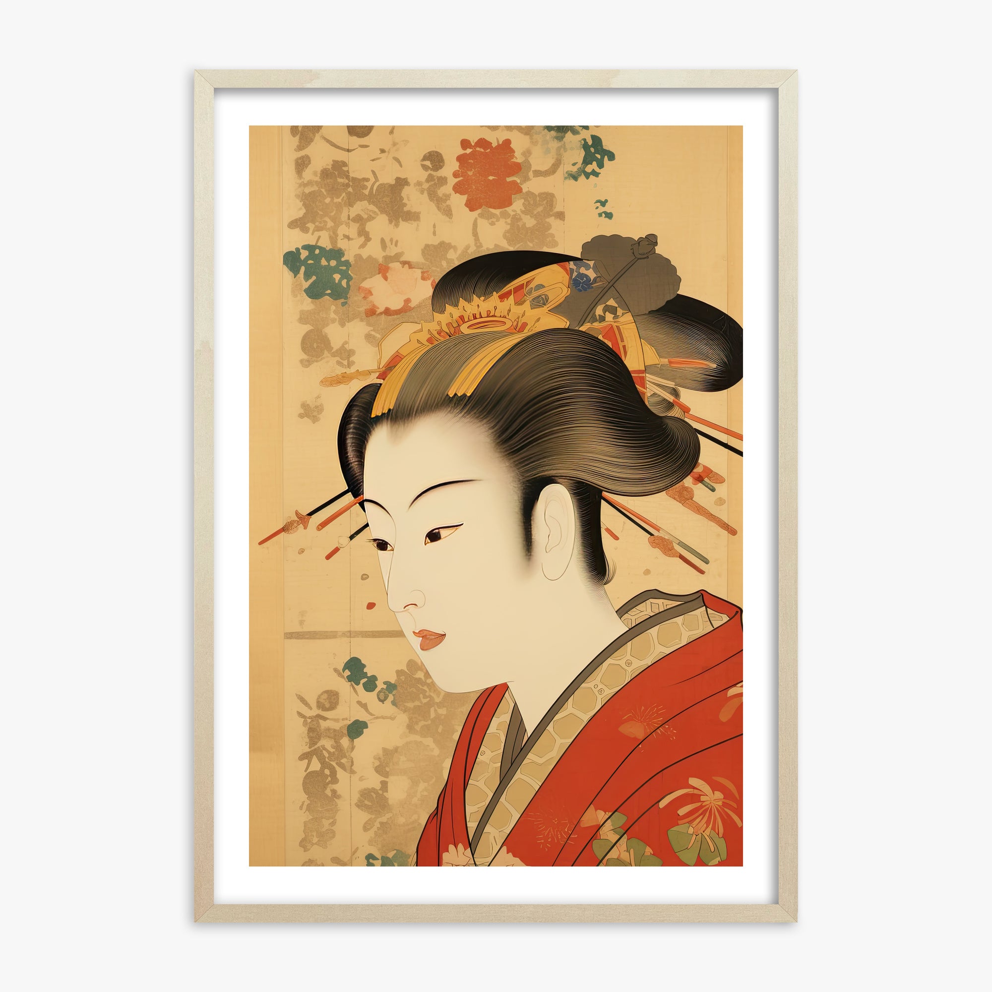Elegant Geisha Portrait, 70x100cm Framed Poster With Lime Wood Frame