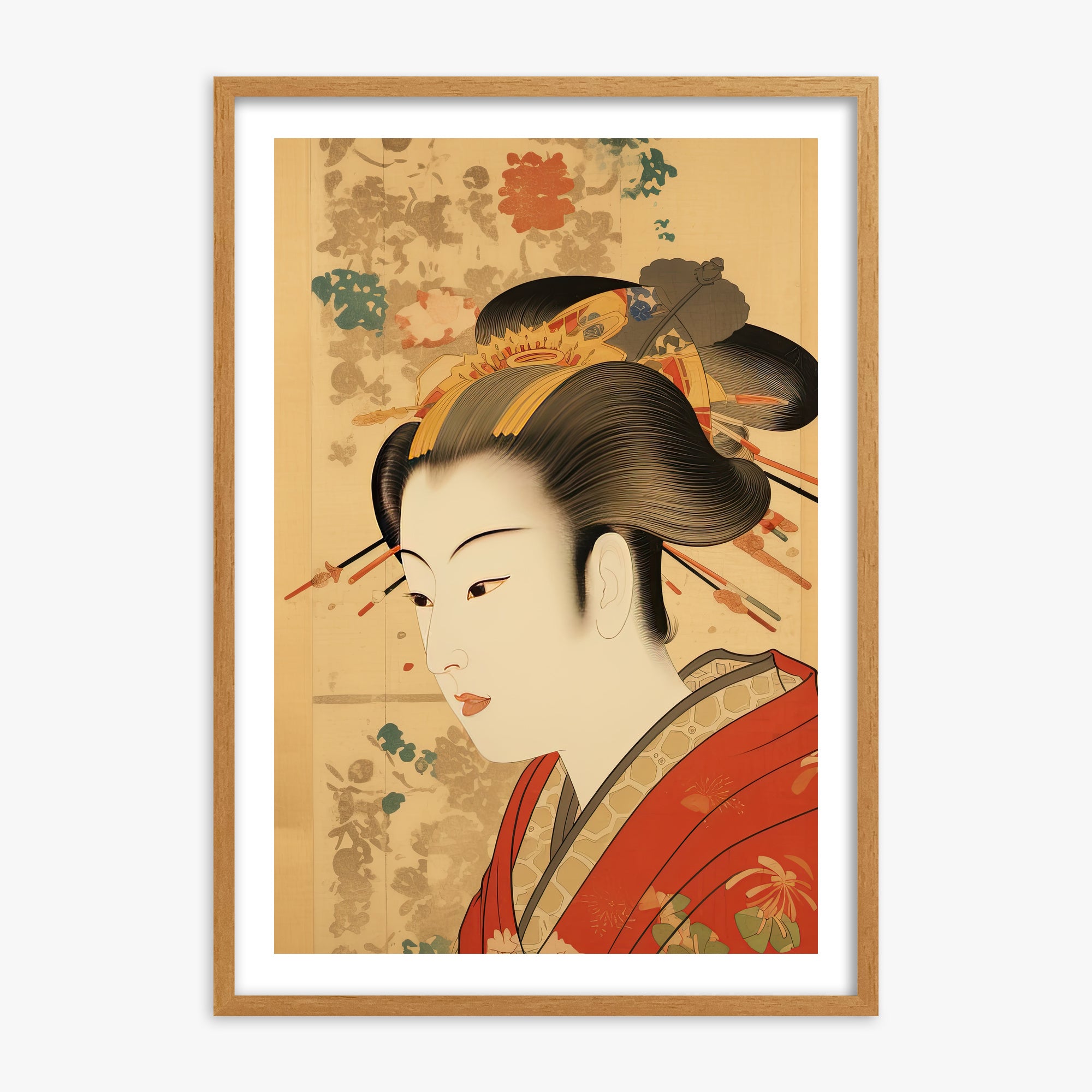 Elegant Geisha Portrait, 70x100cm Framed Poster With Oak Frame