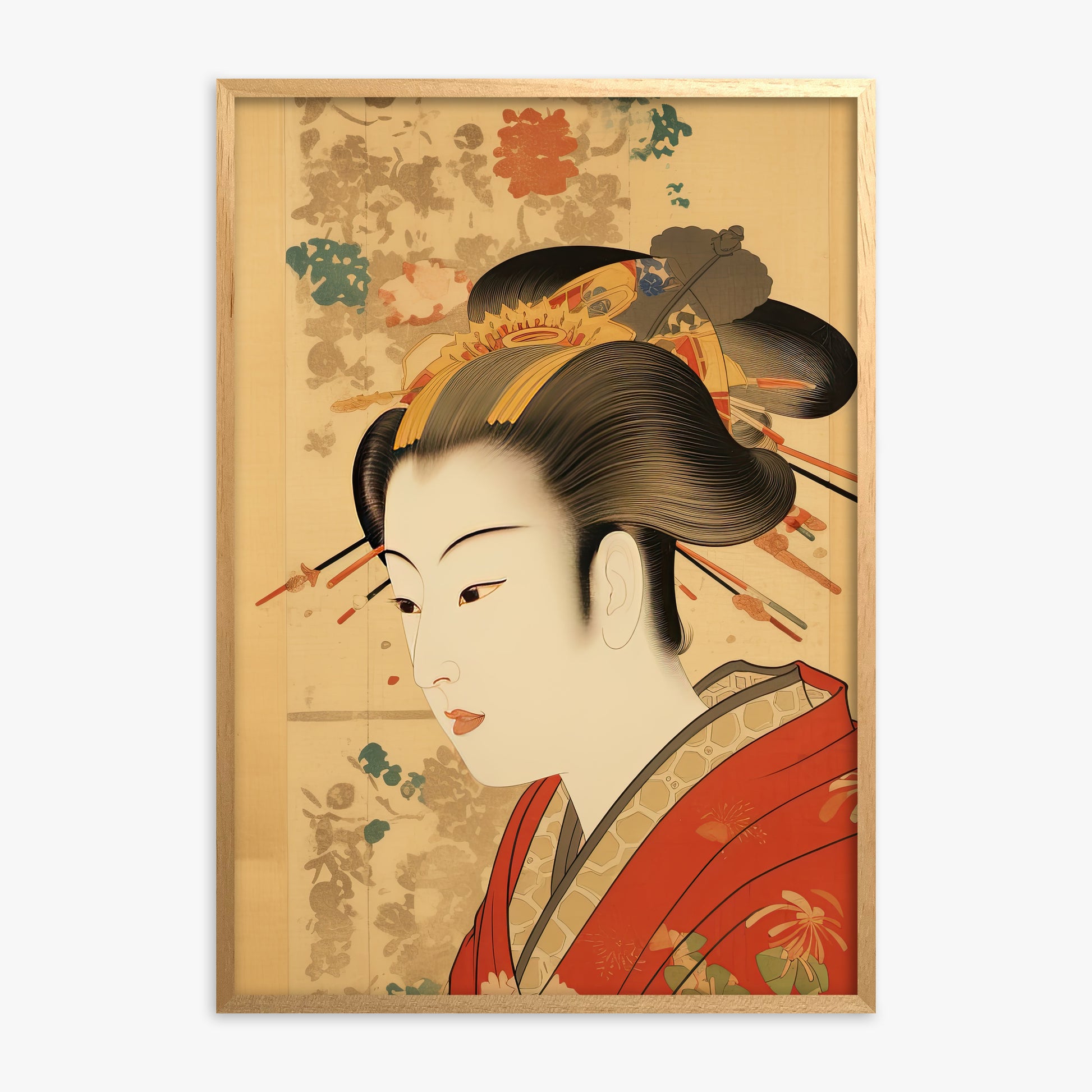 Elegant Geisha Portrait, Oak Framed Poster With Oak Frame