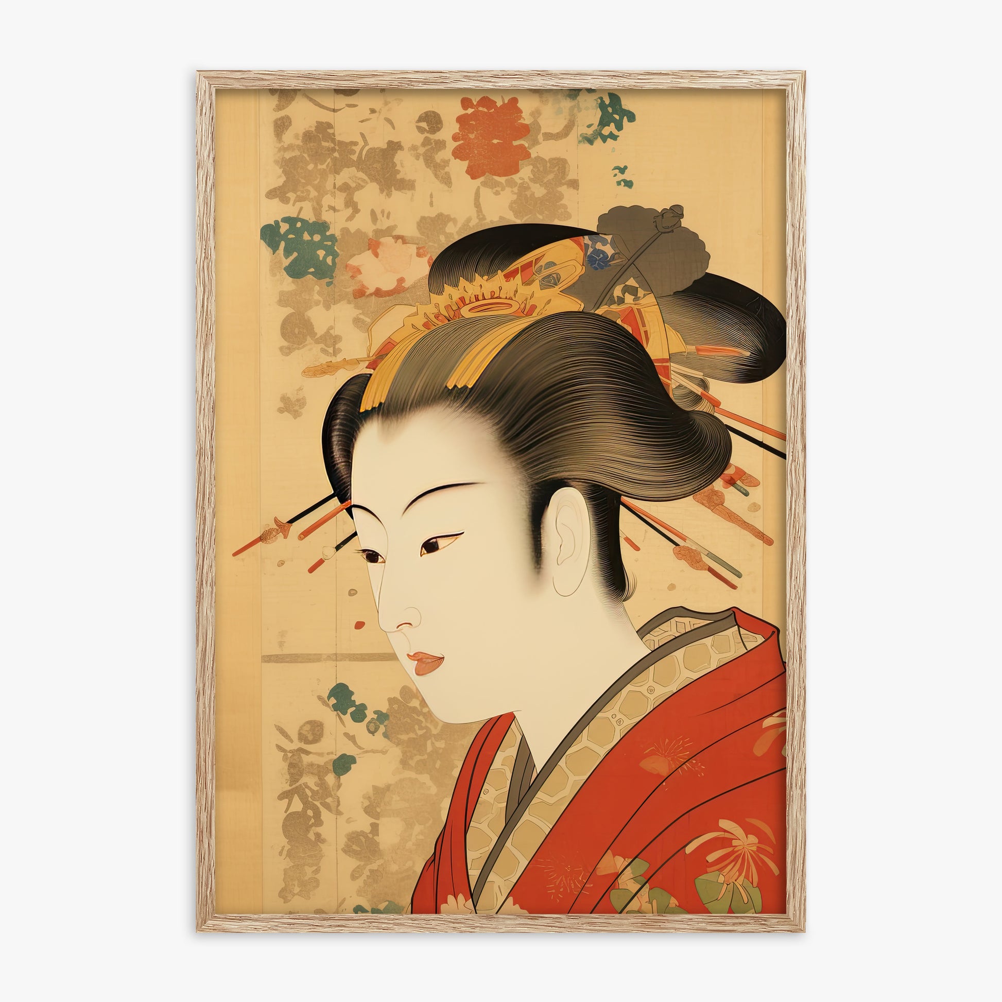 Elegant Geisha Portrait, 70x100cm Framed Poster With Raw Oak Frame