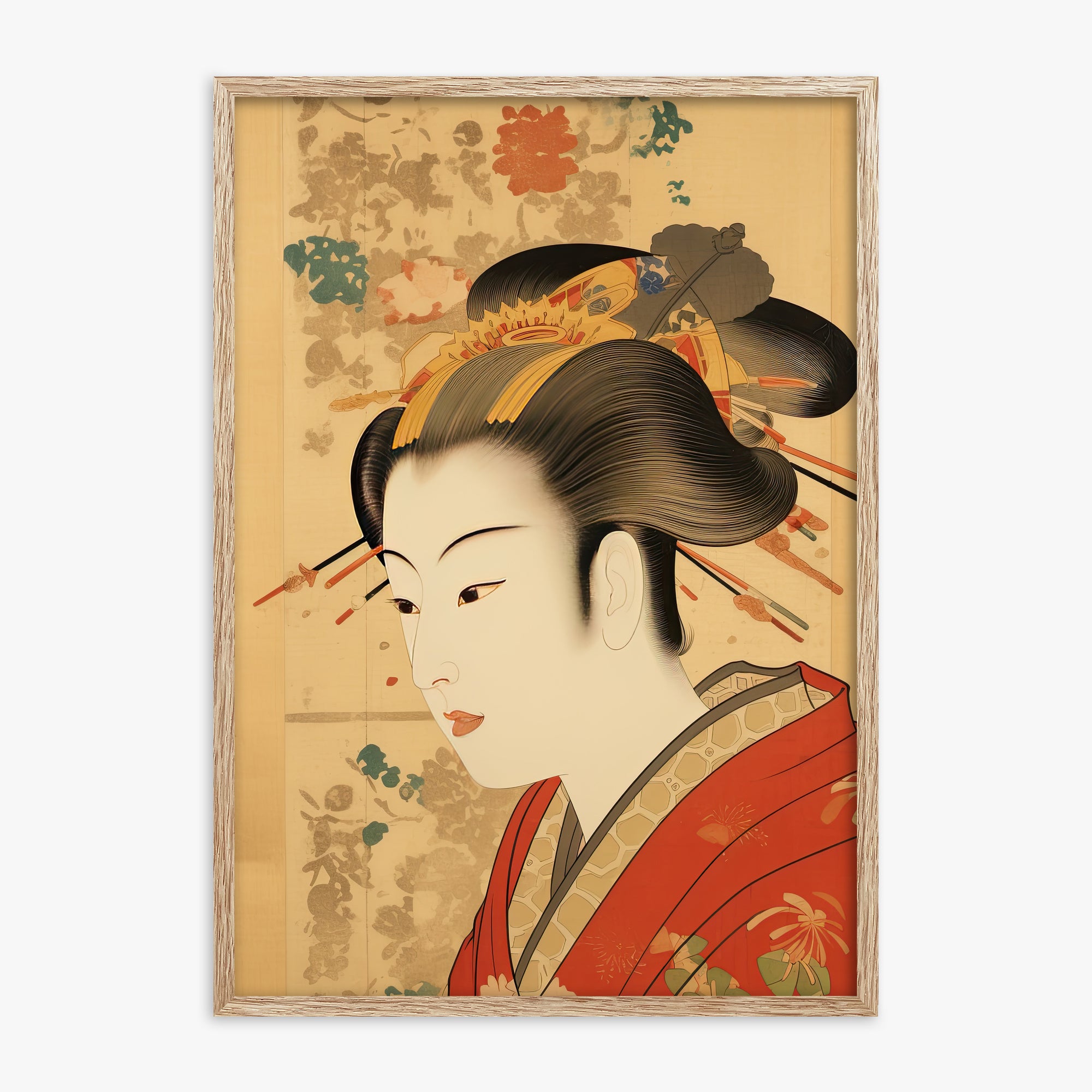 Elegant Geisha Portrait, 70x100cm Framed Poster With Raw Oak Frame