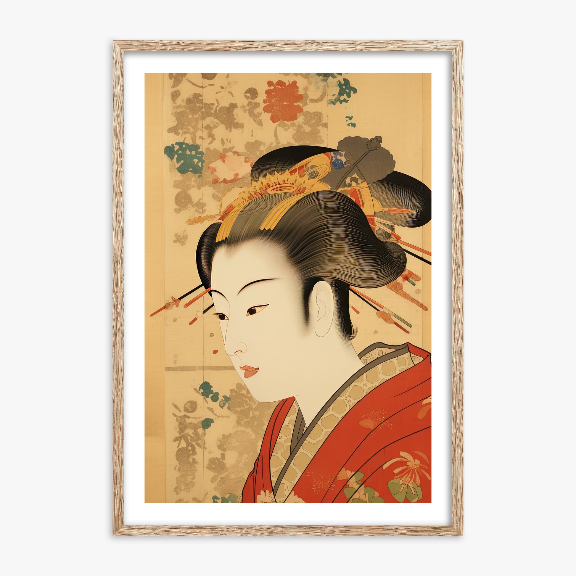 Elegant Geisha Portrait, 70x100cm Framed Poster With Raw Oak Frame
